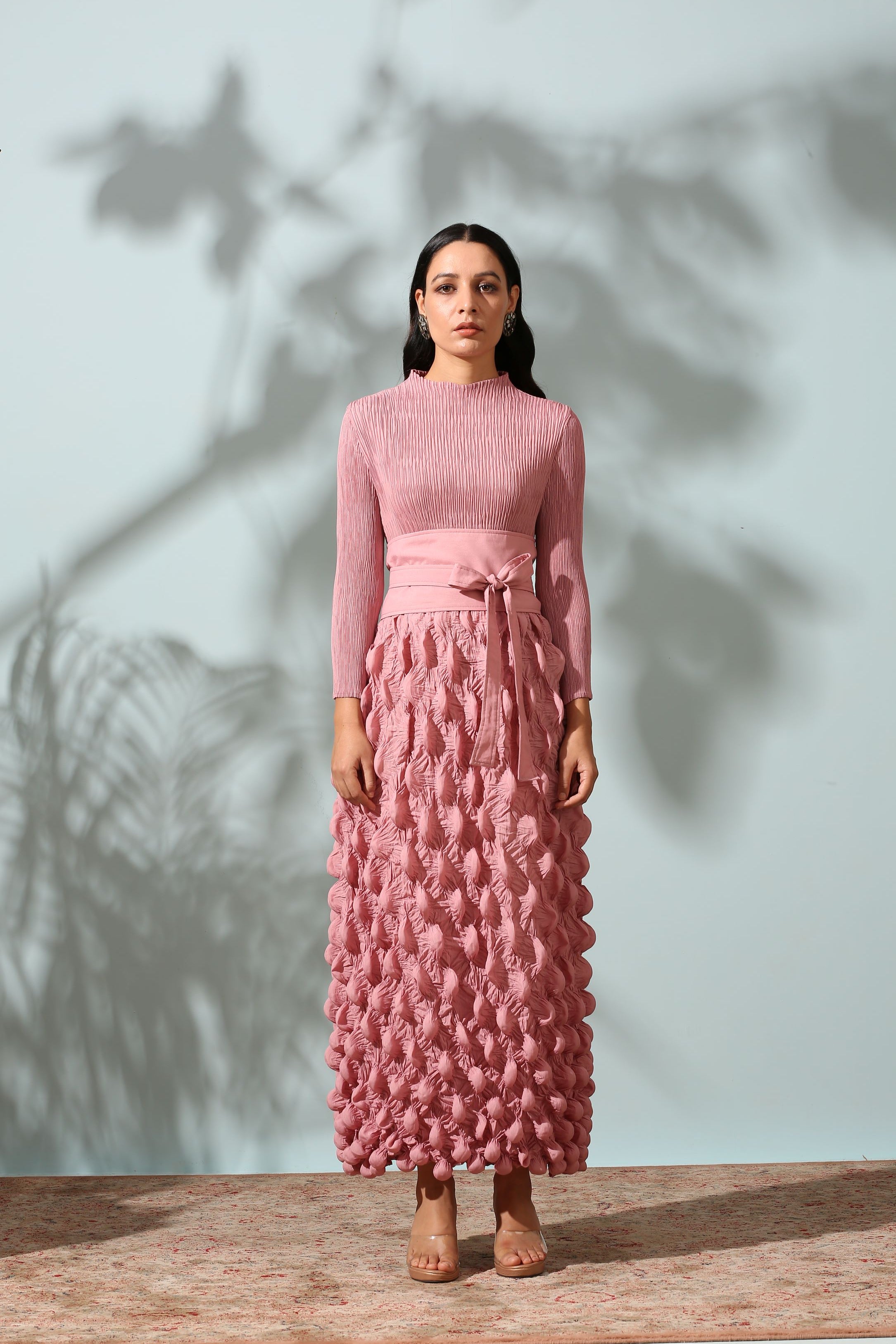 PINK CRUSHED DRESS WITH BELT