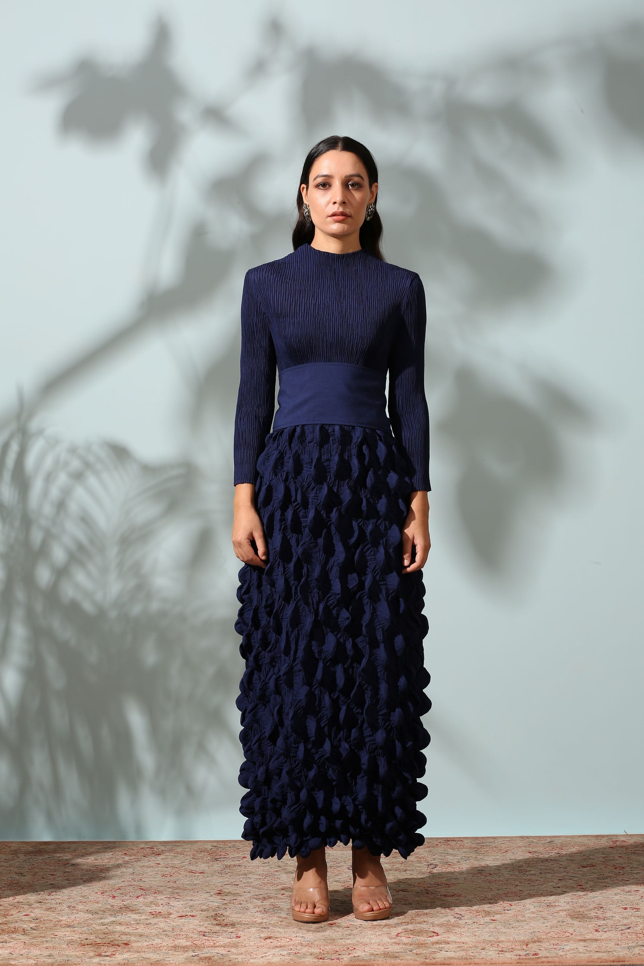 BLUE CRUSHED DRESS WITH BELT