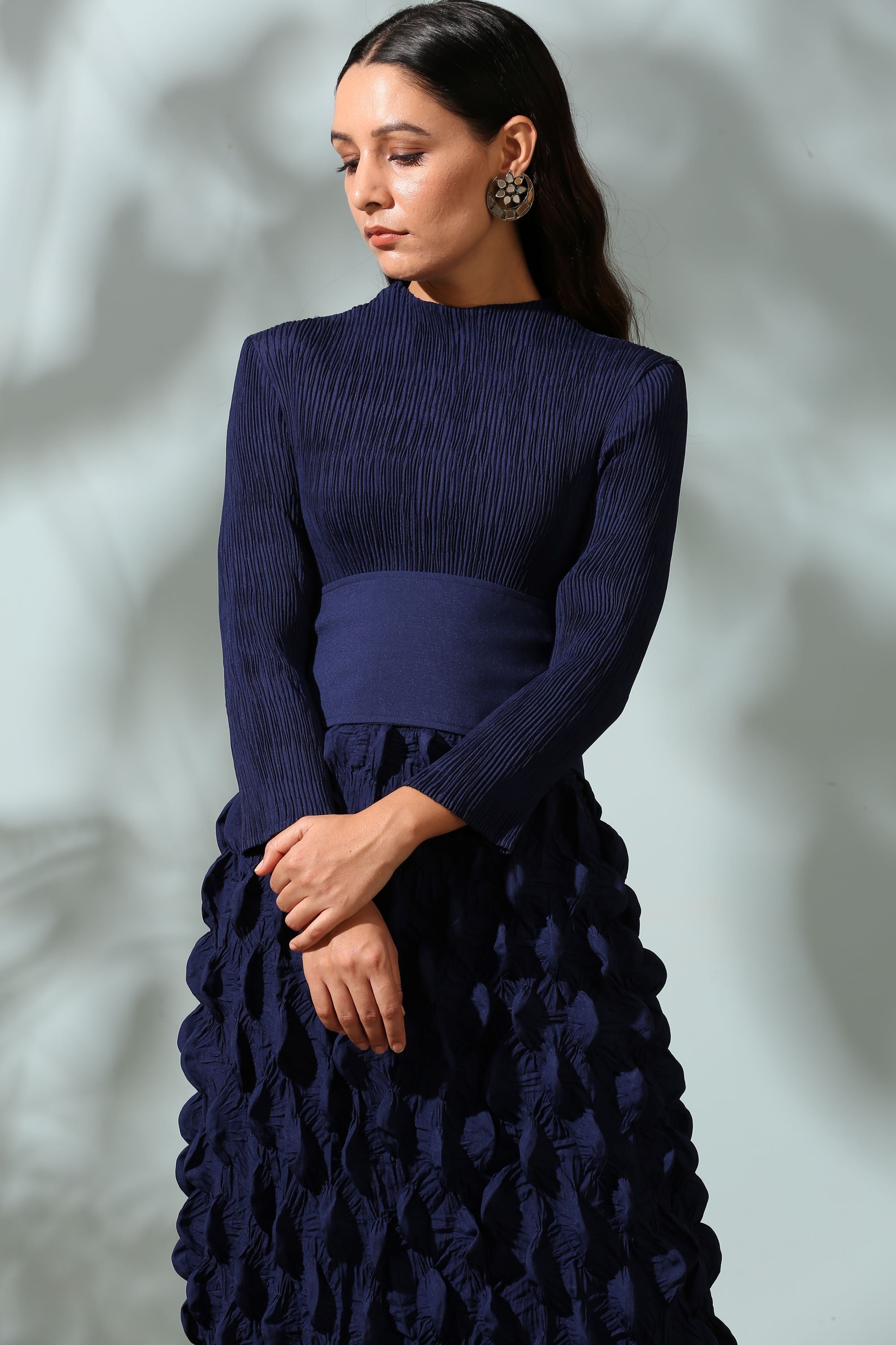 BLUE CRUSHED DRESS WITH BELT