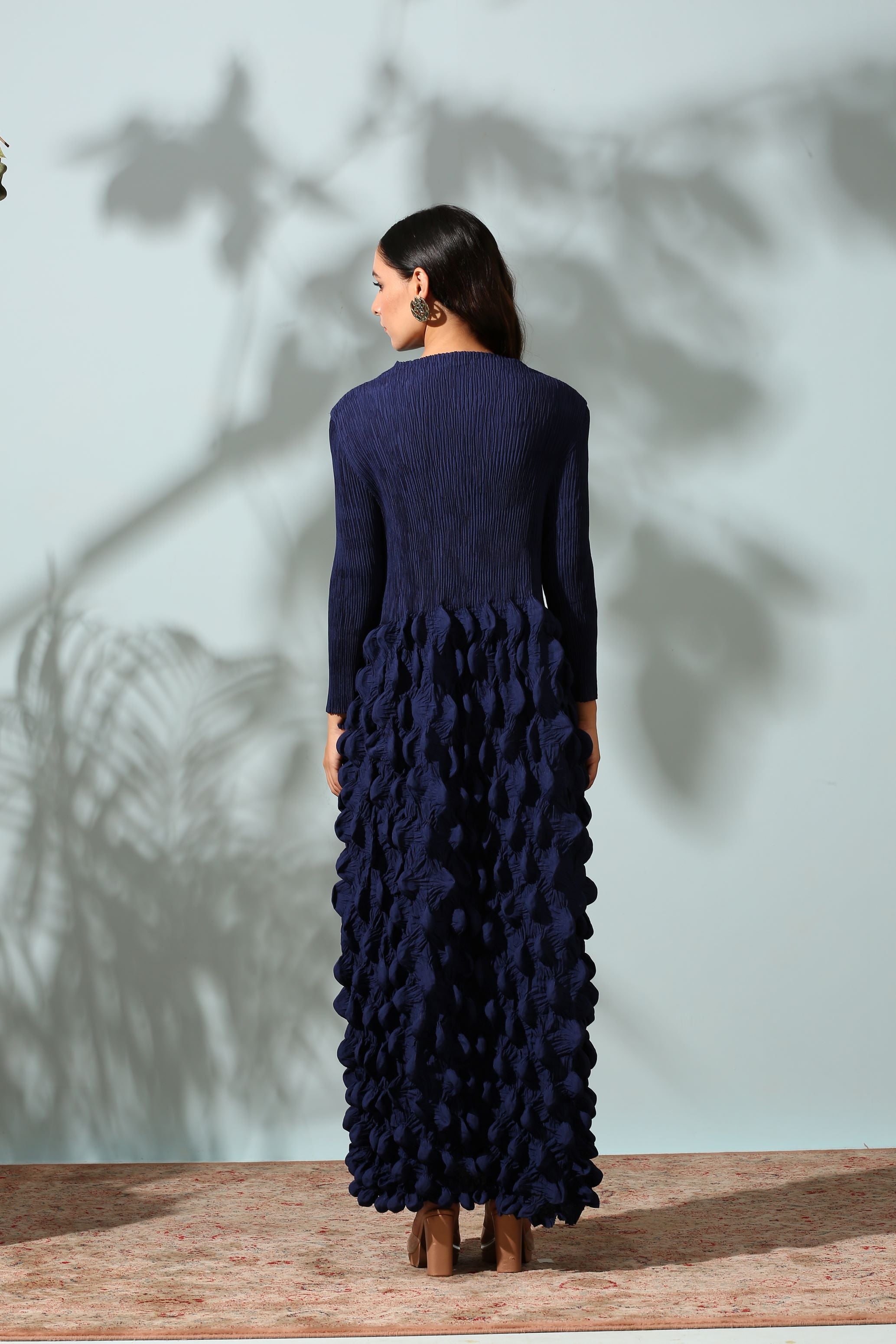 BLUE CRUSHED DRESS WITH BELT