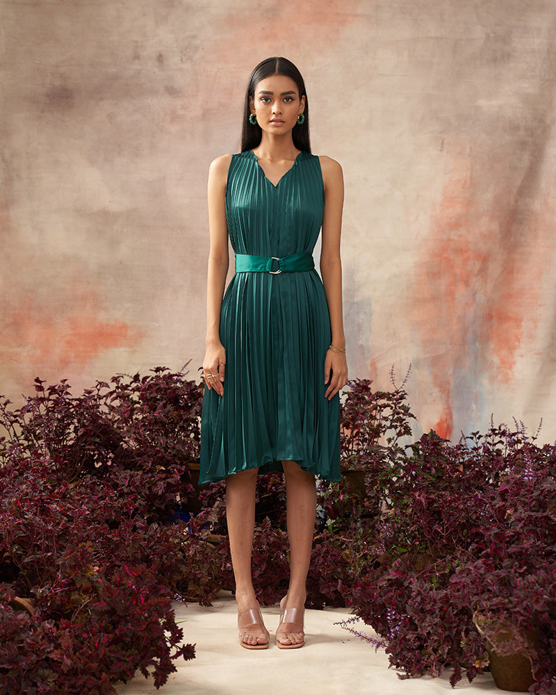 BOTTLE GREEN V NECK PLEATED DRESS
