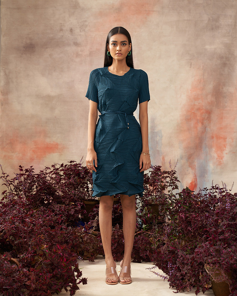 BOTTLE GREEN CRUSHED TEXTURED DRESS