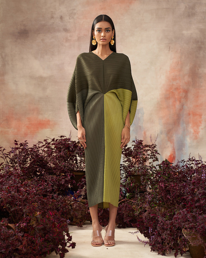 GREEN COLORBLOCK PLZZ MAXI DRESS