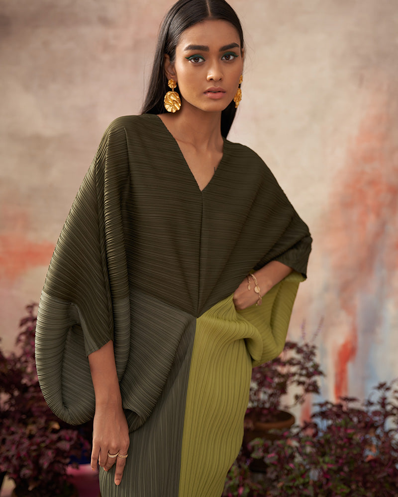 GREEN COLORBLOCK PLZZ MAXI DRESS