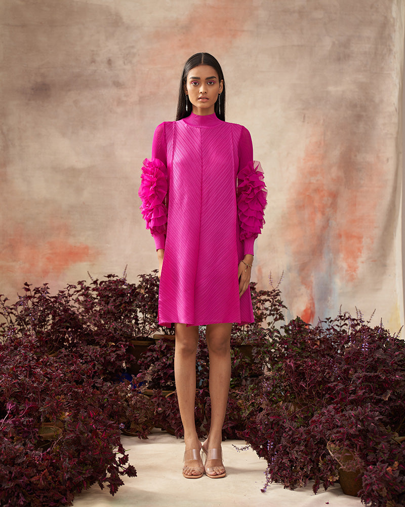 FUSCIA FLOWER SLEEVES PLEAT DRESS
