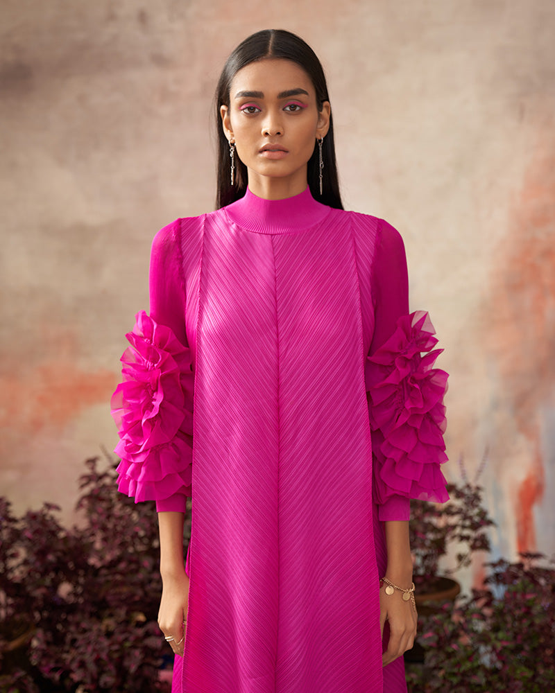 FUSCIA FLOWER SLEEVES PLEAT DRESS