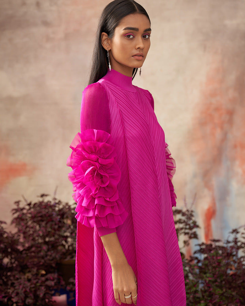 FUSCIA FLOWER SLEEVES PLEAT DRESS