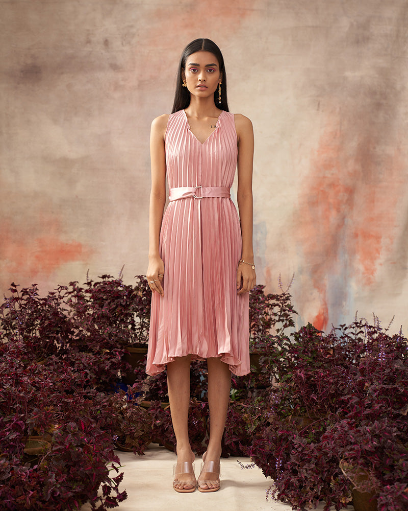 PINK V NECK PLEATED DRESS