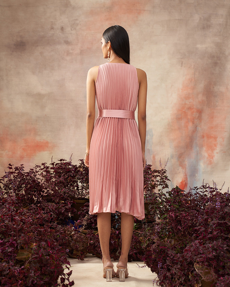PINK V NECK PLEATED DRESS