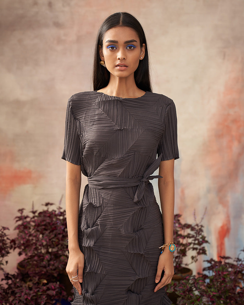 GREY CRUSHED TEXTURED DRESS