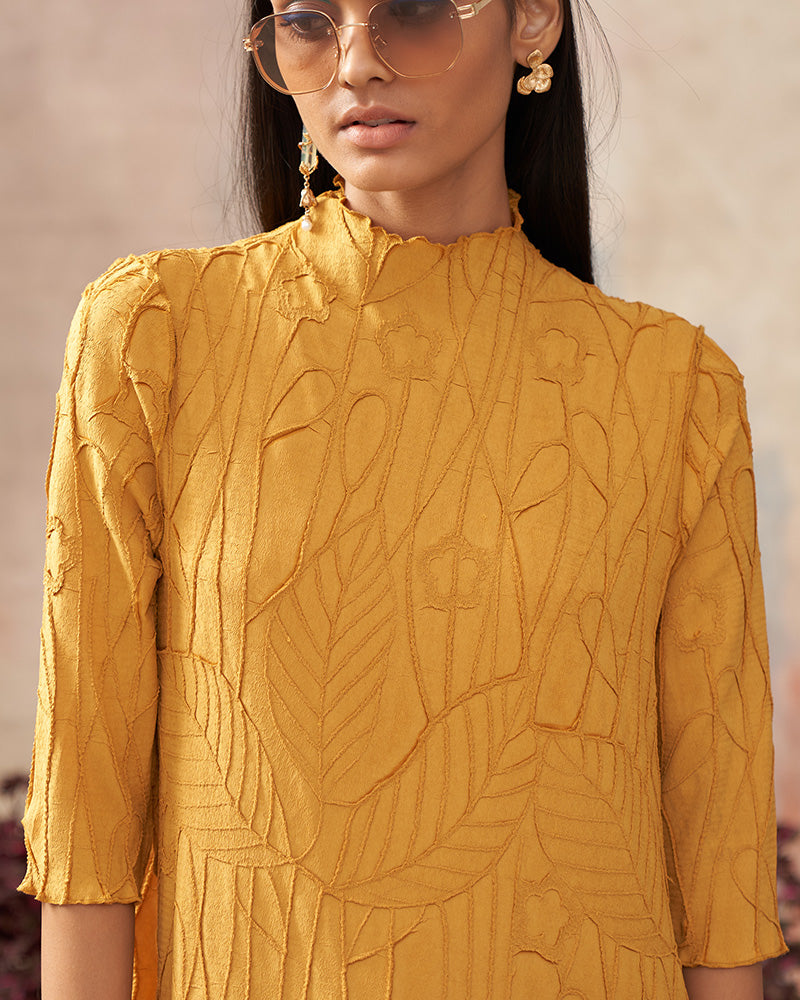 YELLOW TROPICAL TEXTURED DRESS