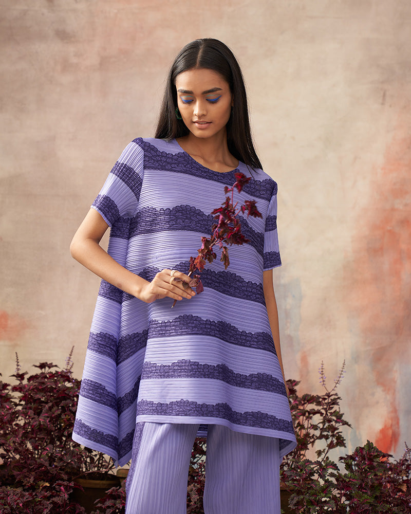 PURPLE FLOWER PRINT PLEATED COORD SET