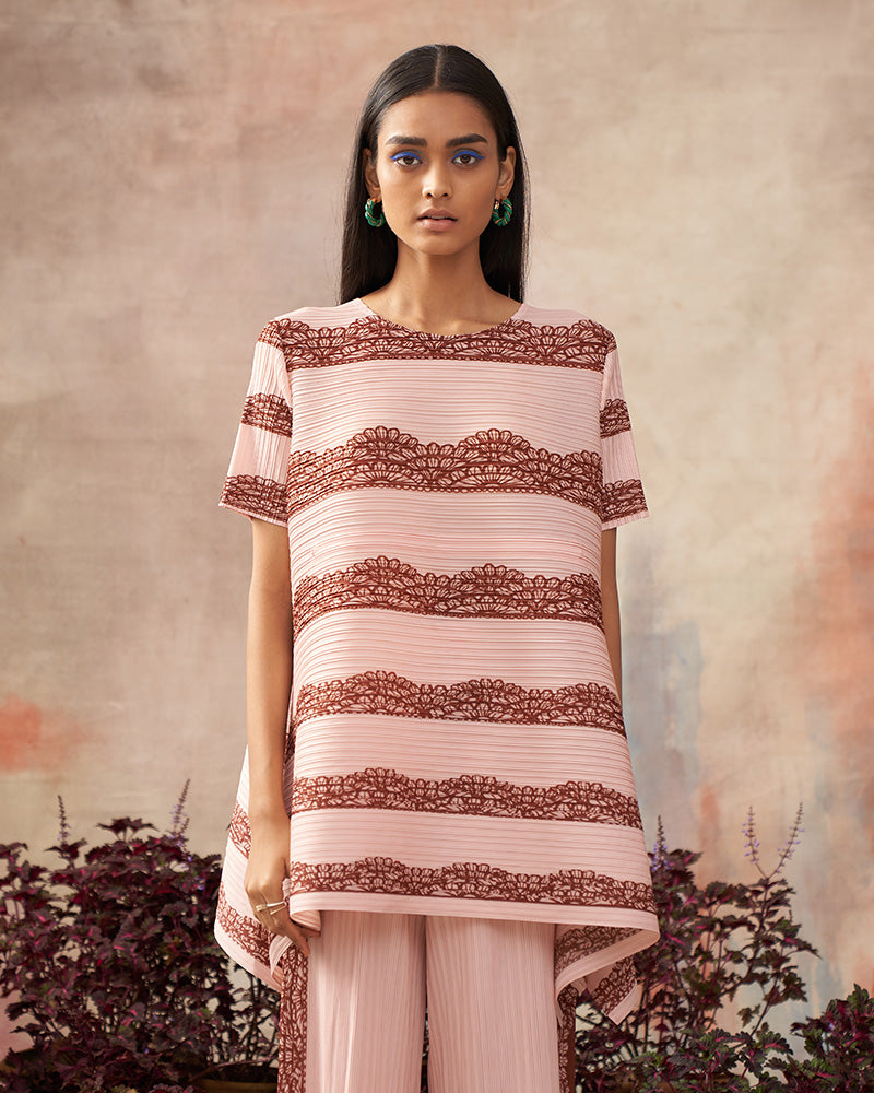 NUDE FLOWER PRINT PLEATED COORD SET