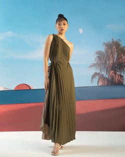 GREEN BEIGE RING PLEATED DRESS