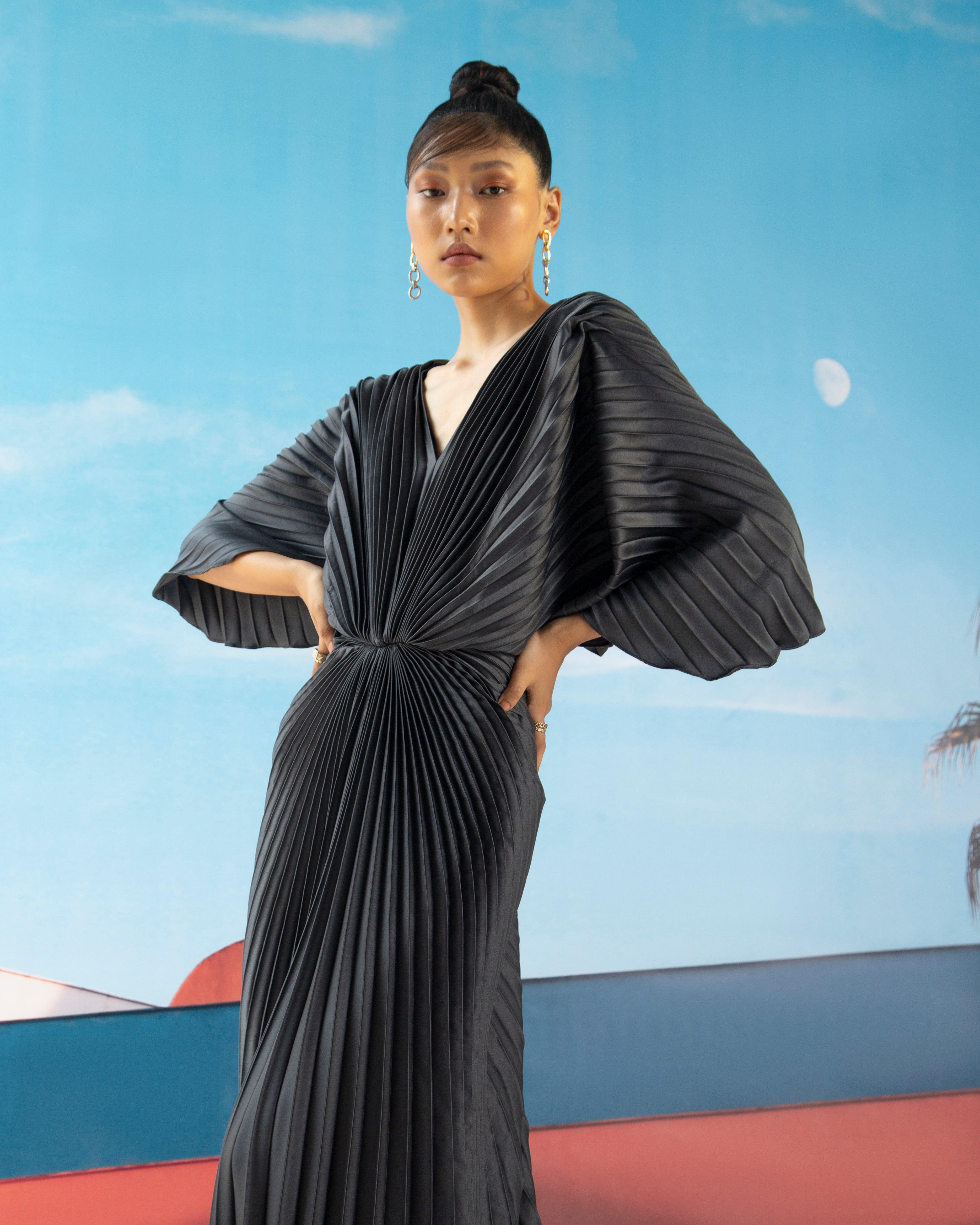 GREY PLEATED WINGED GOWN