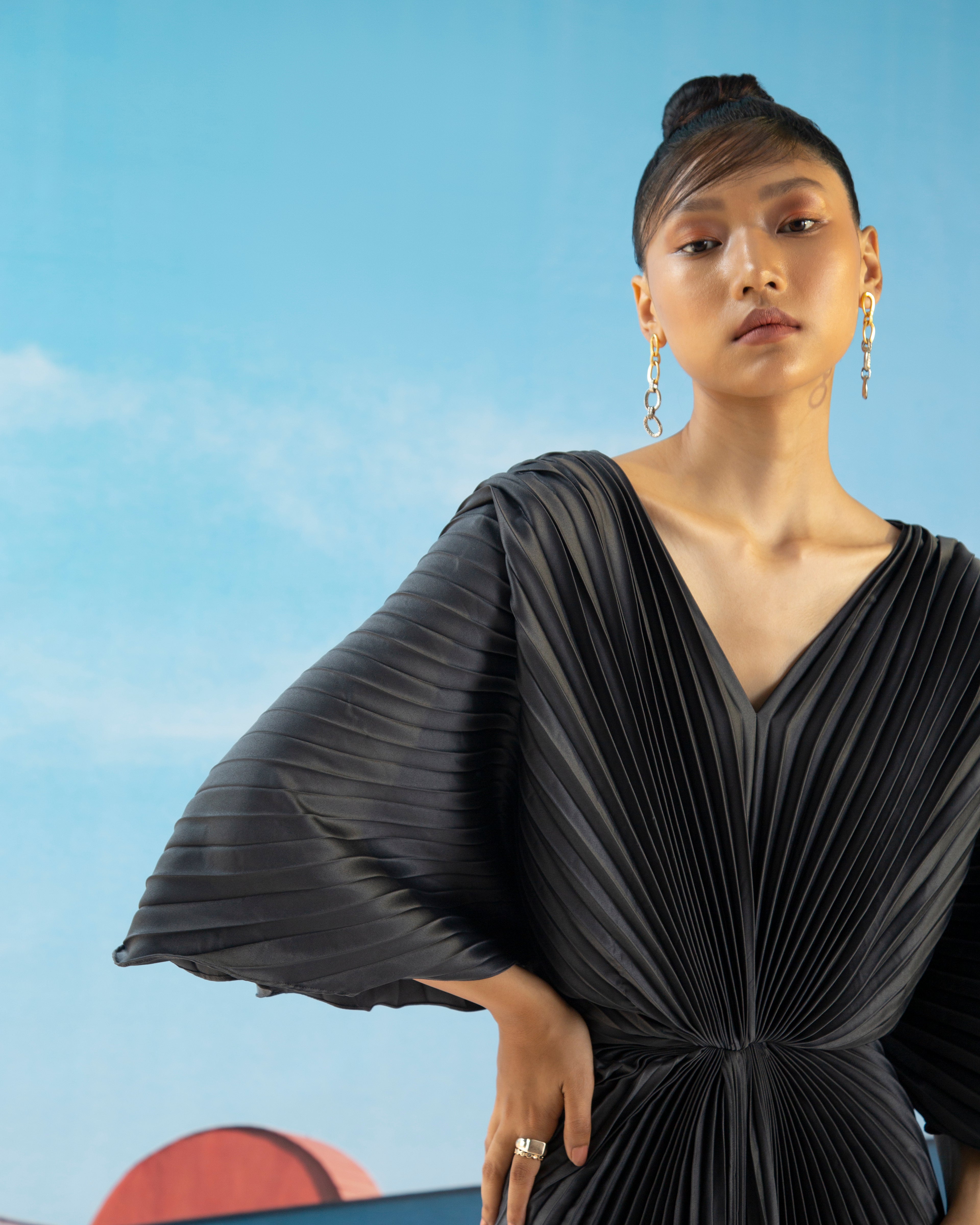 GREY PLEATED WINGED GOWN