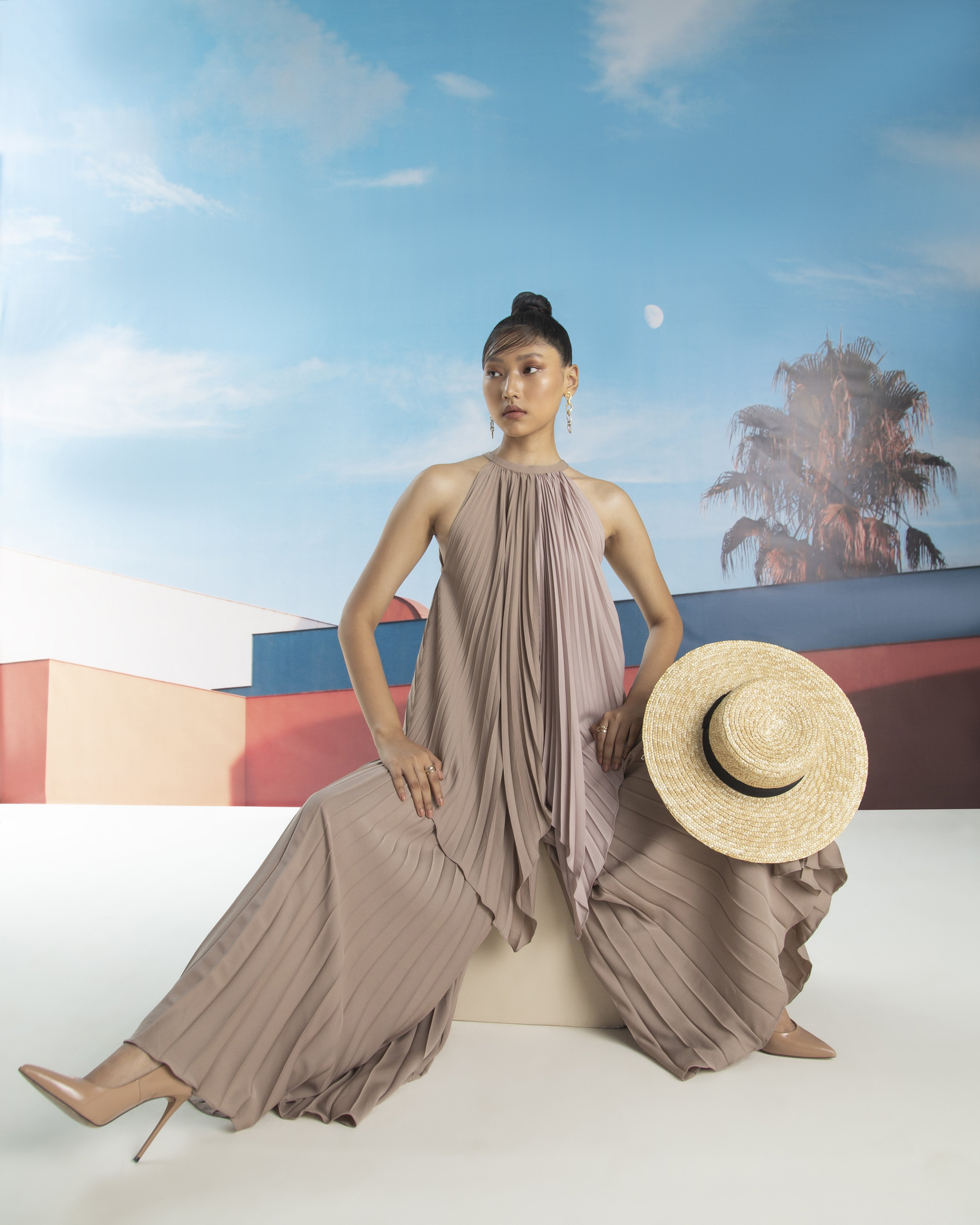 PINK BEIGE PLEATED TOP