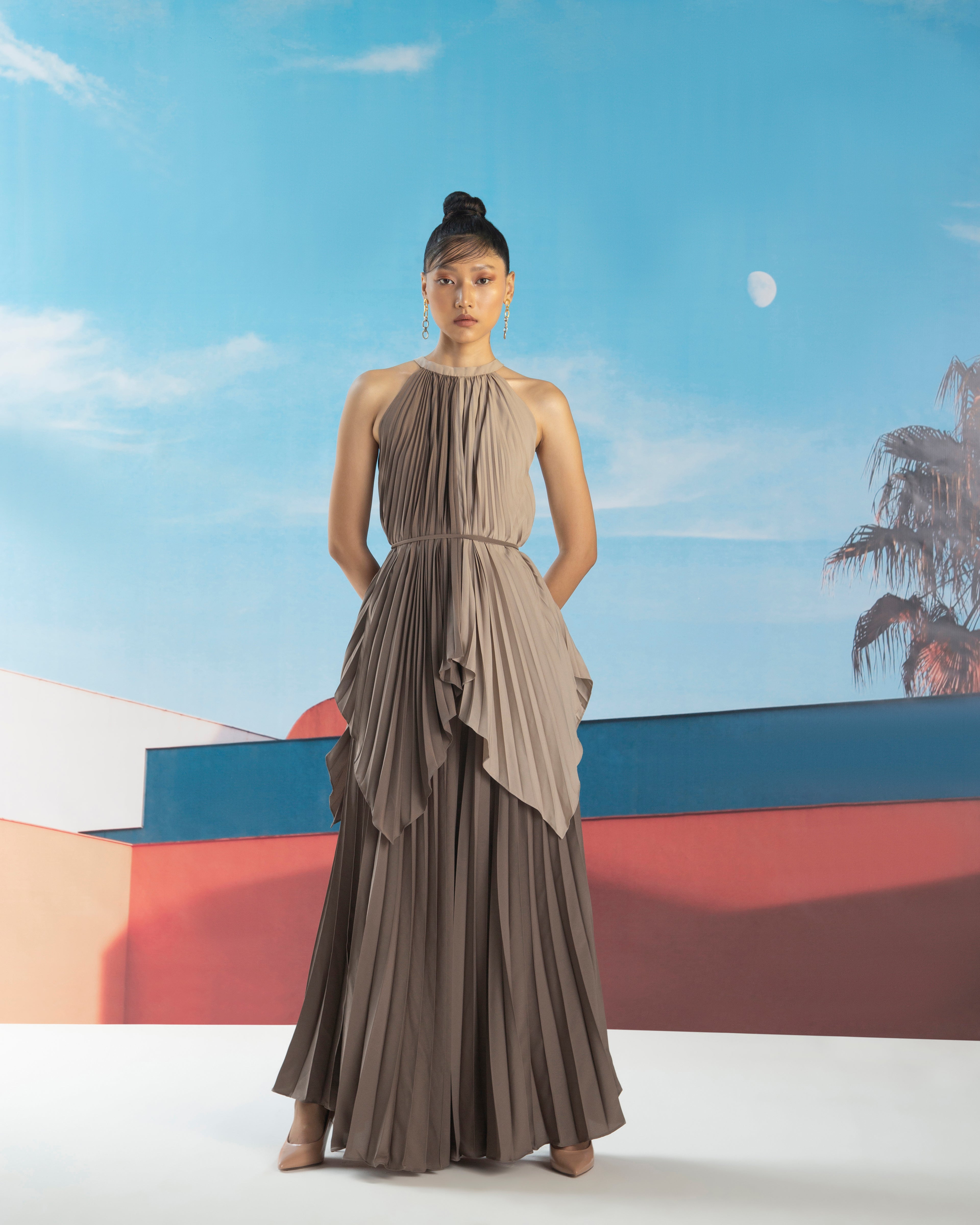 BROWN BEIGE PLEATED TOP