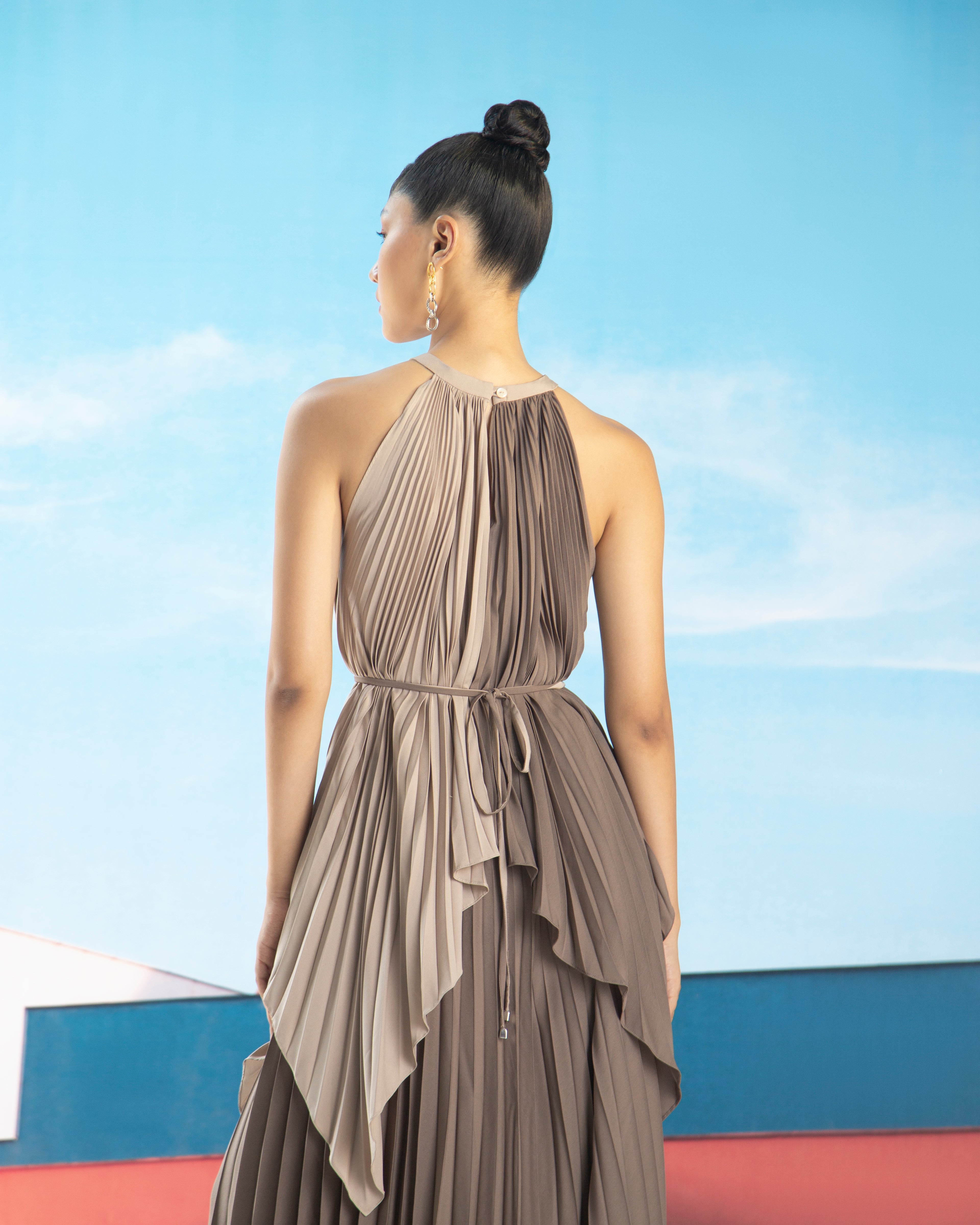 BROWN BEIGE PLEATED TOP