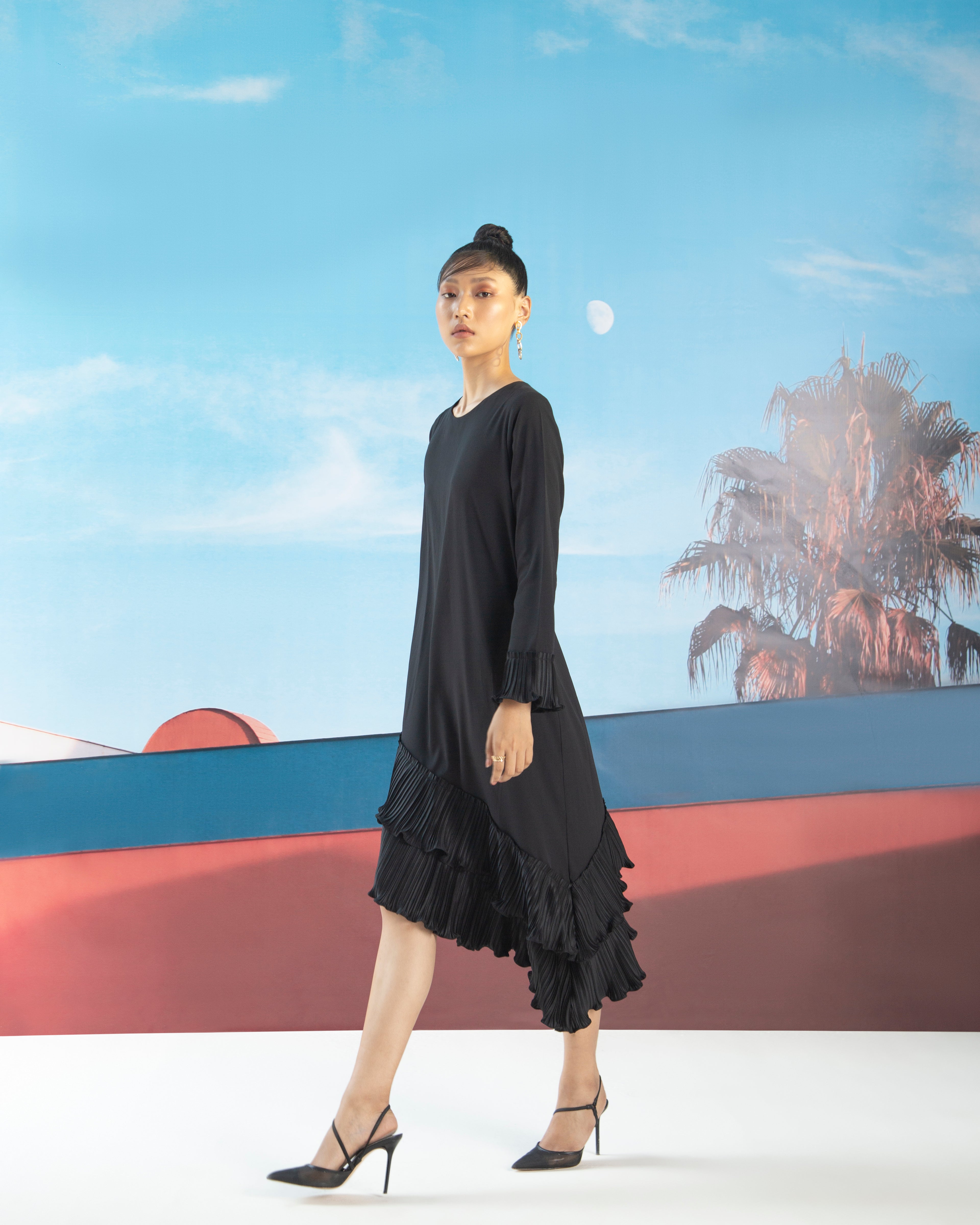 BLACK ANGLED PLEATED DRESS