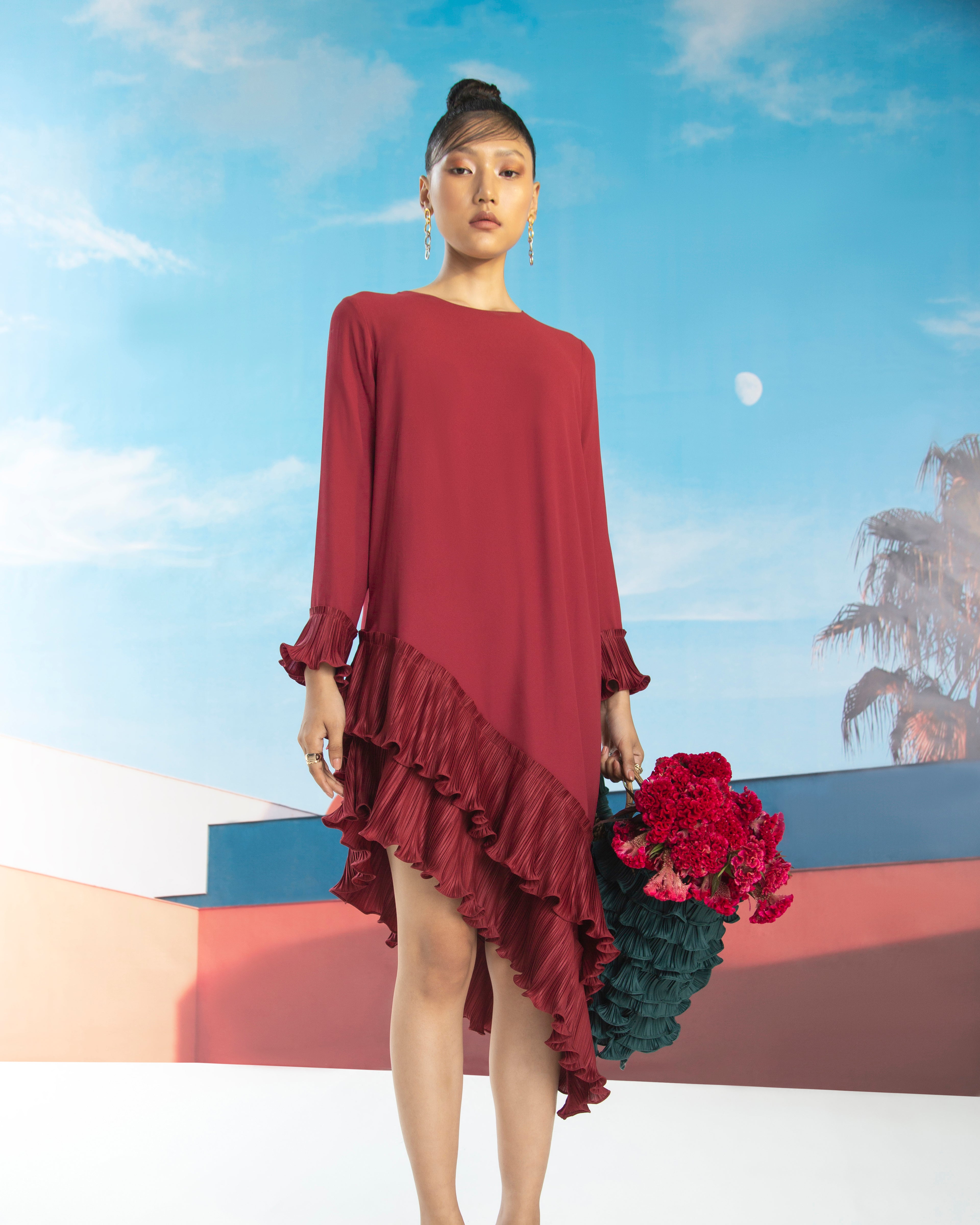 MAROON ANGLED PLEATED DRESS
