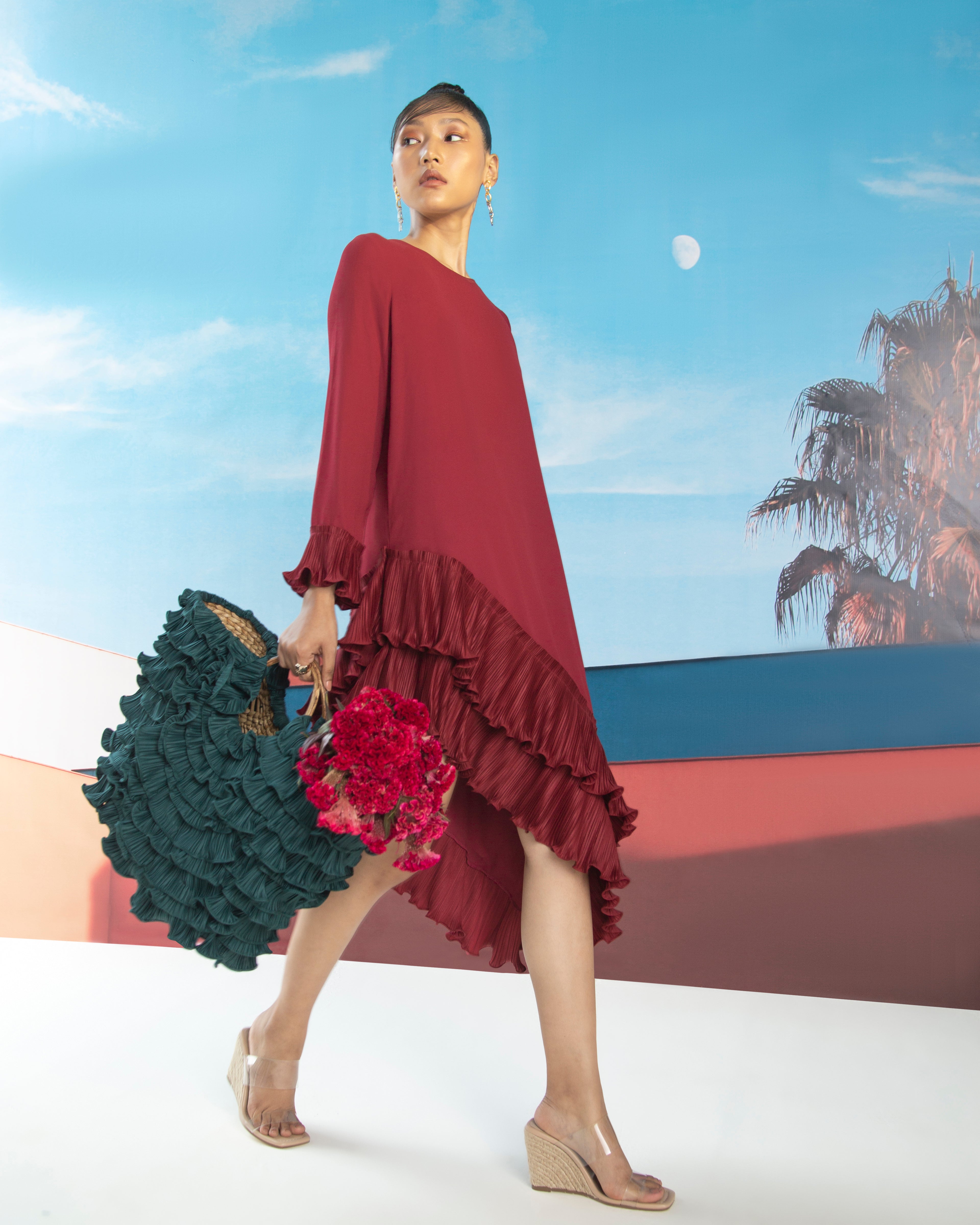 MAROON ANGLED PLEATED DRESS