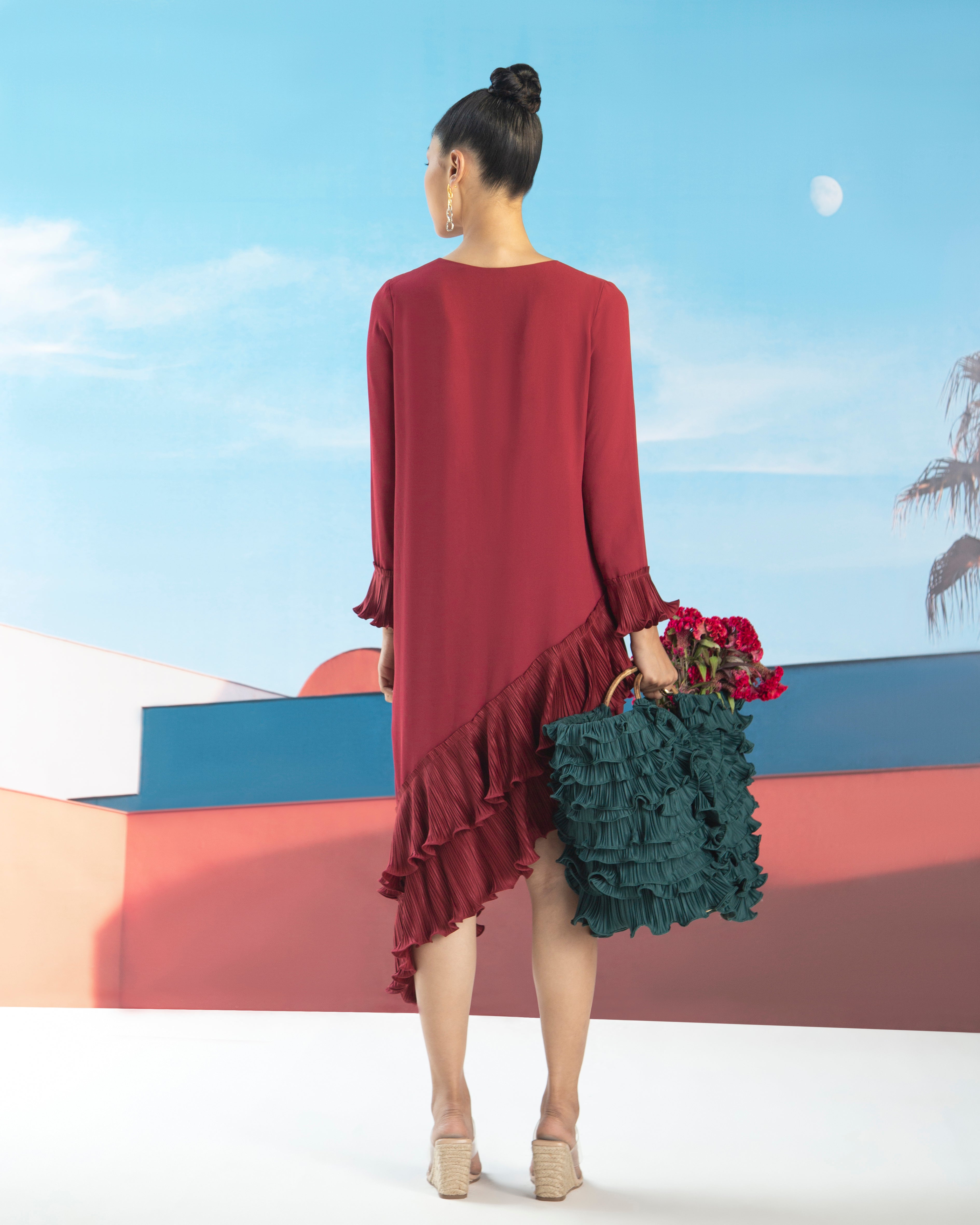 MAROON ANGLED PLEATED DRESS