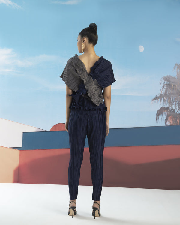 BLUE GREY PLEATED DRAPE TOP