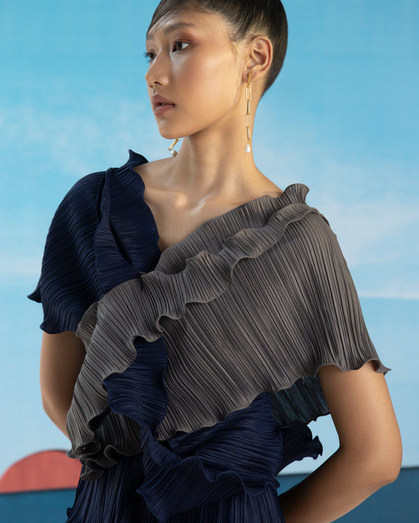 BLUE GREY PLEATED DRAPE TOP