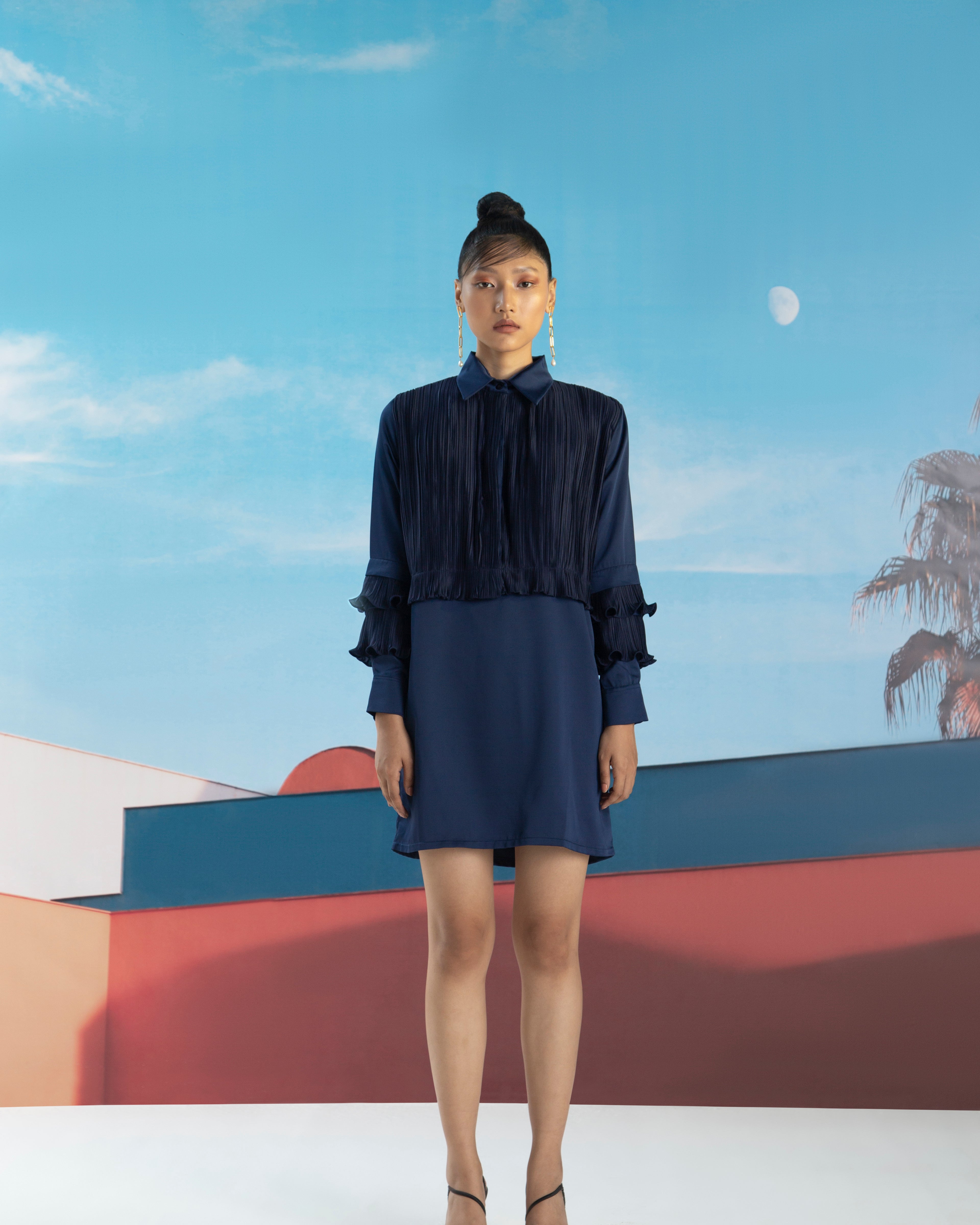 BLUE PLEATED FRONT DRESS