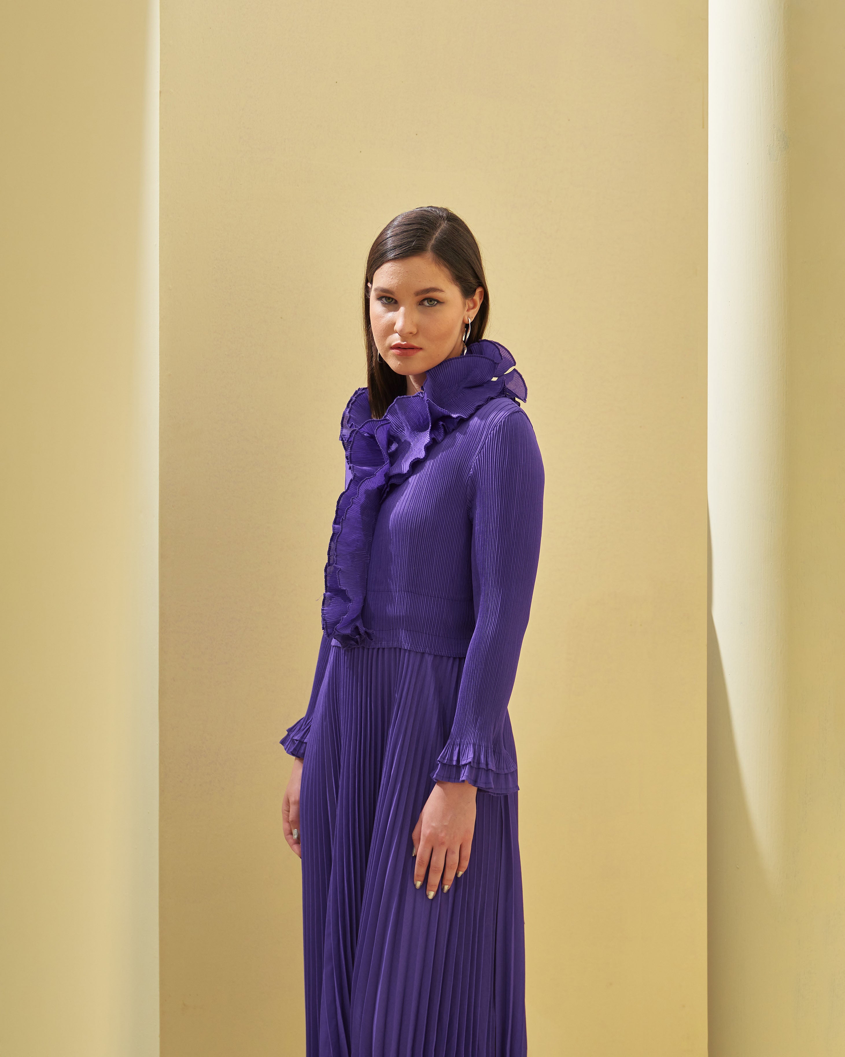 PURPLE FRILL NECK DRESS