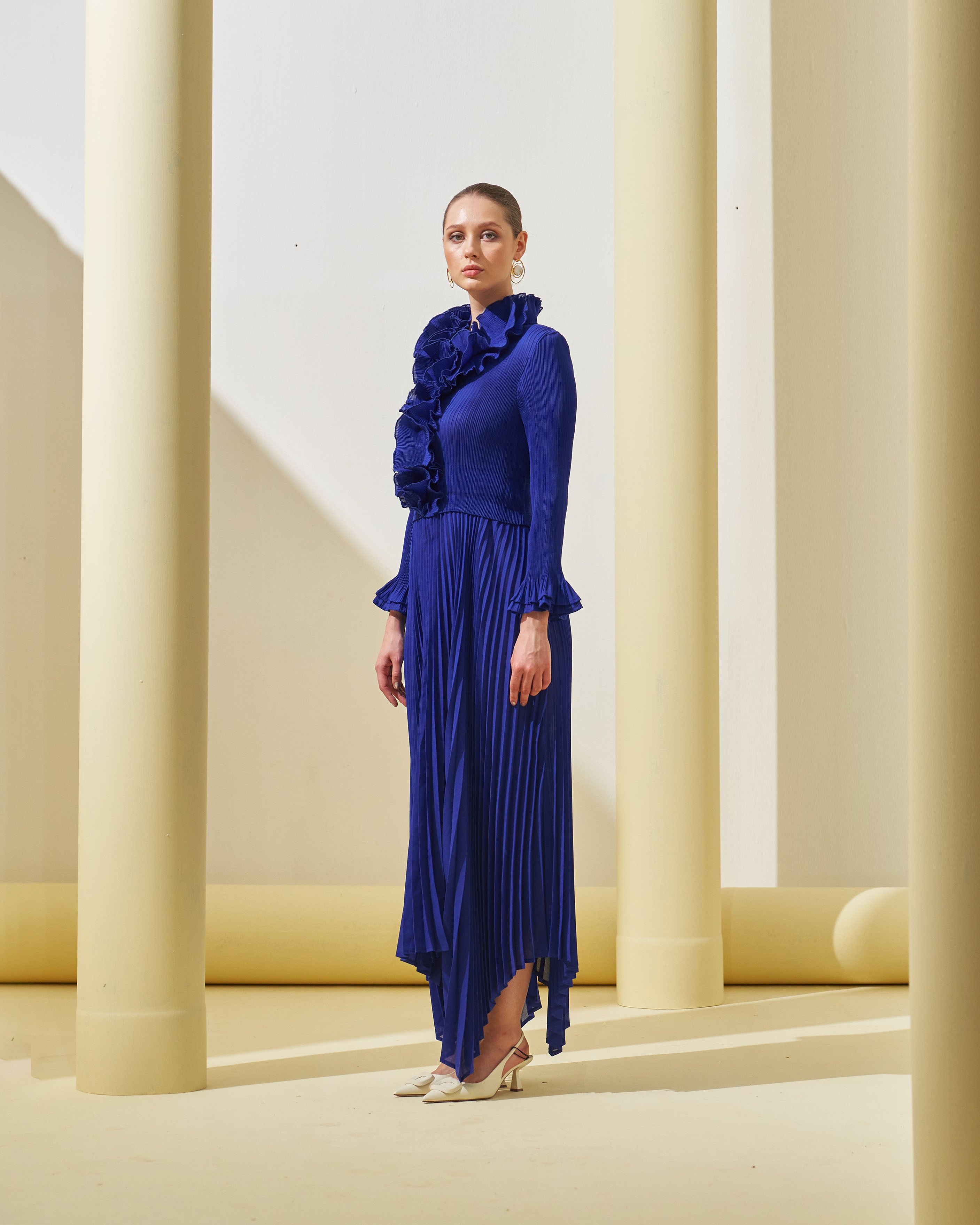 BLUE FRILL NECK DRESS