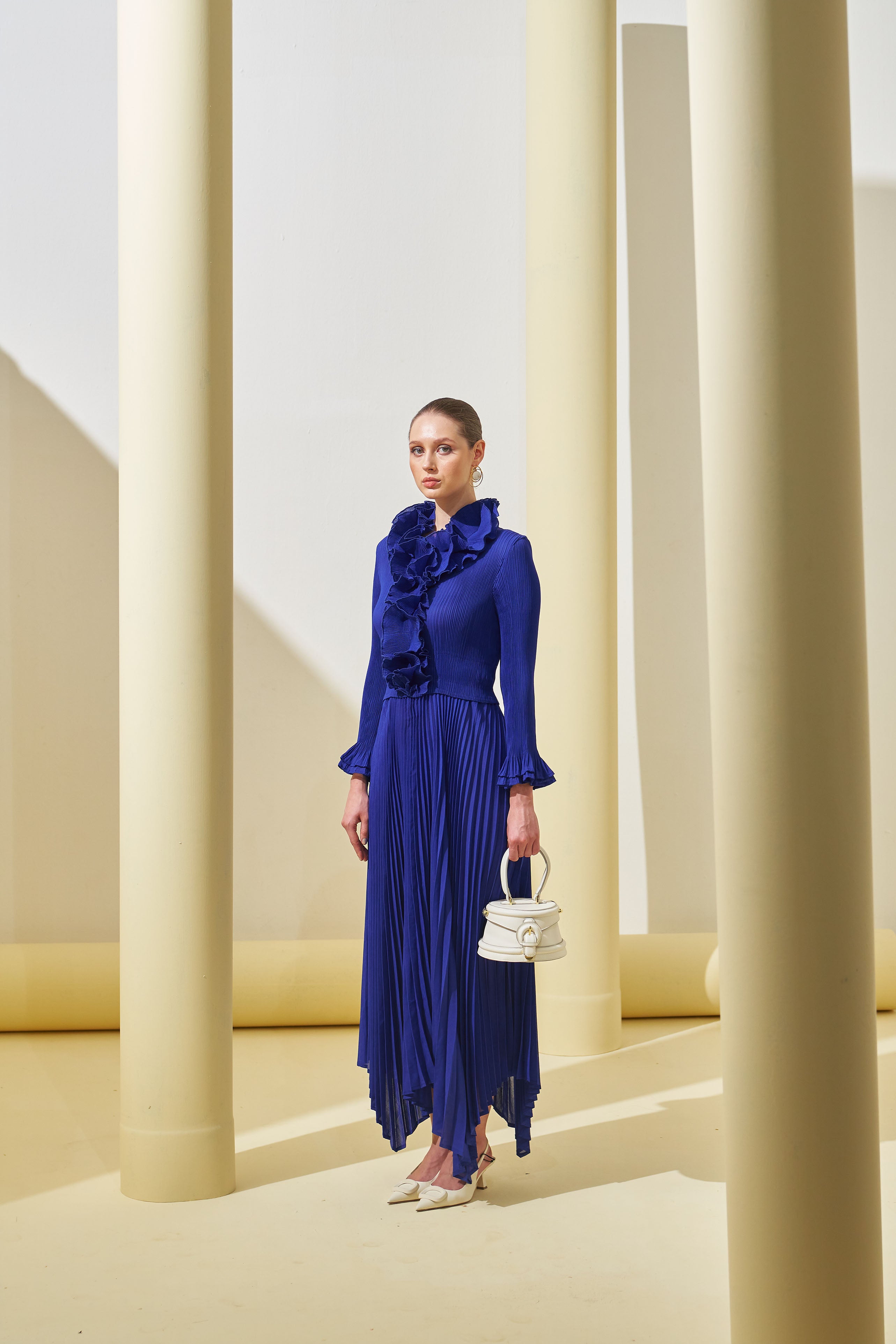 BLUE FRILL NECK DRESS