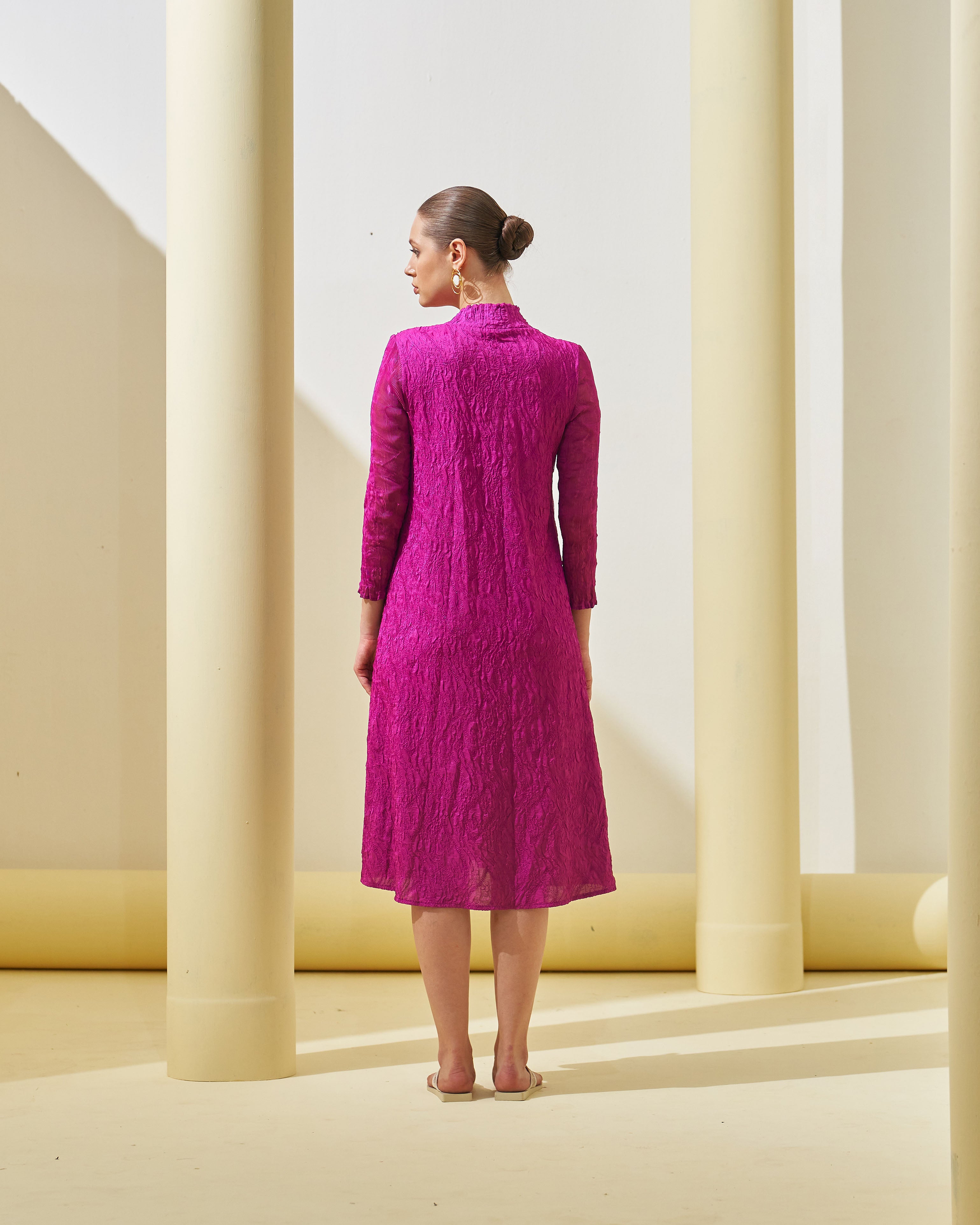 FUSICA CRUSHED SLEEVES 3D  FLOWER DRESS