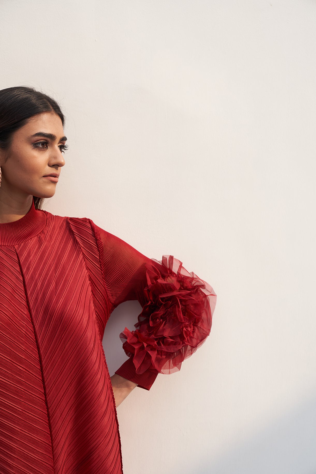 MAROON FLOWER SLEEVES PLEAT DRESS