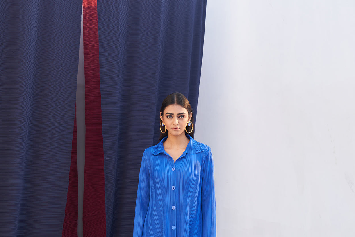 BLUE FRENCH PLEATED COORD SET