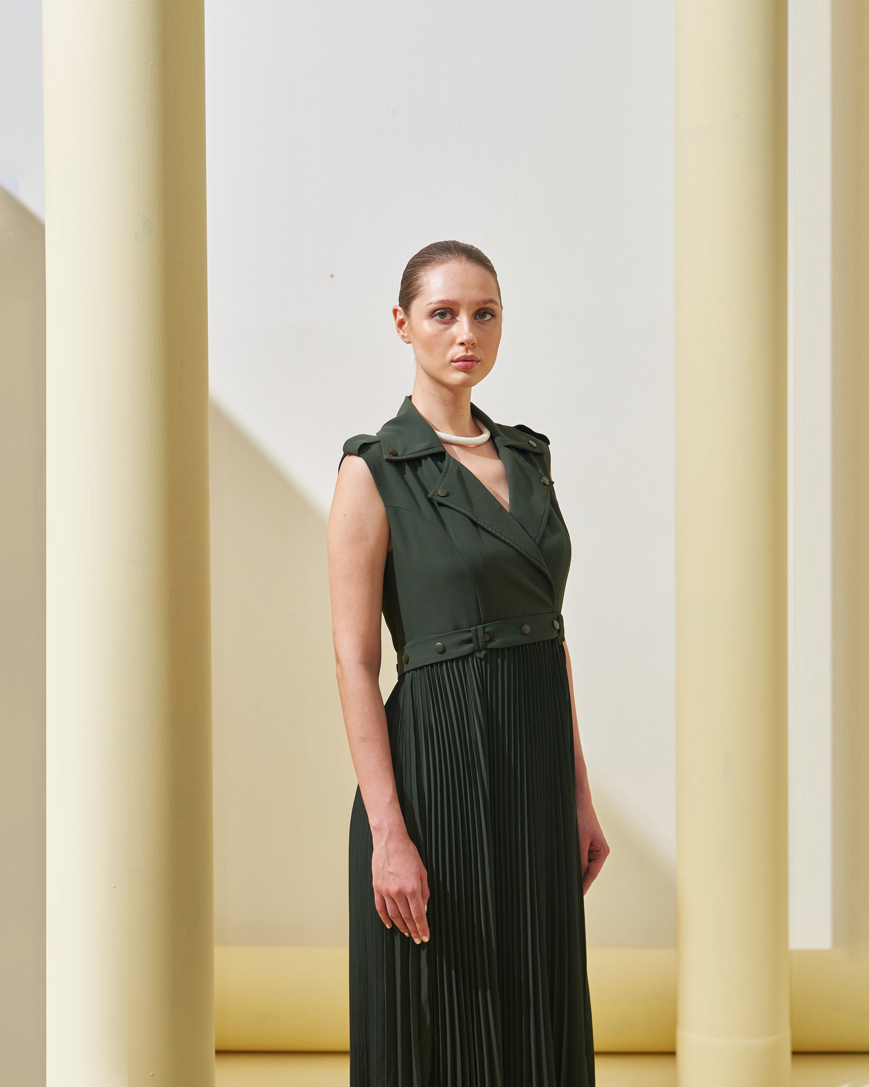 MILITARY GREEN COLLAR GOWN