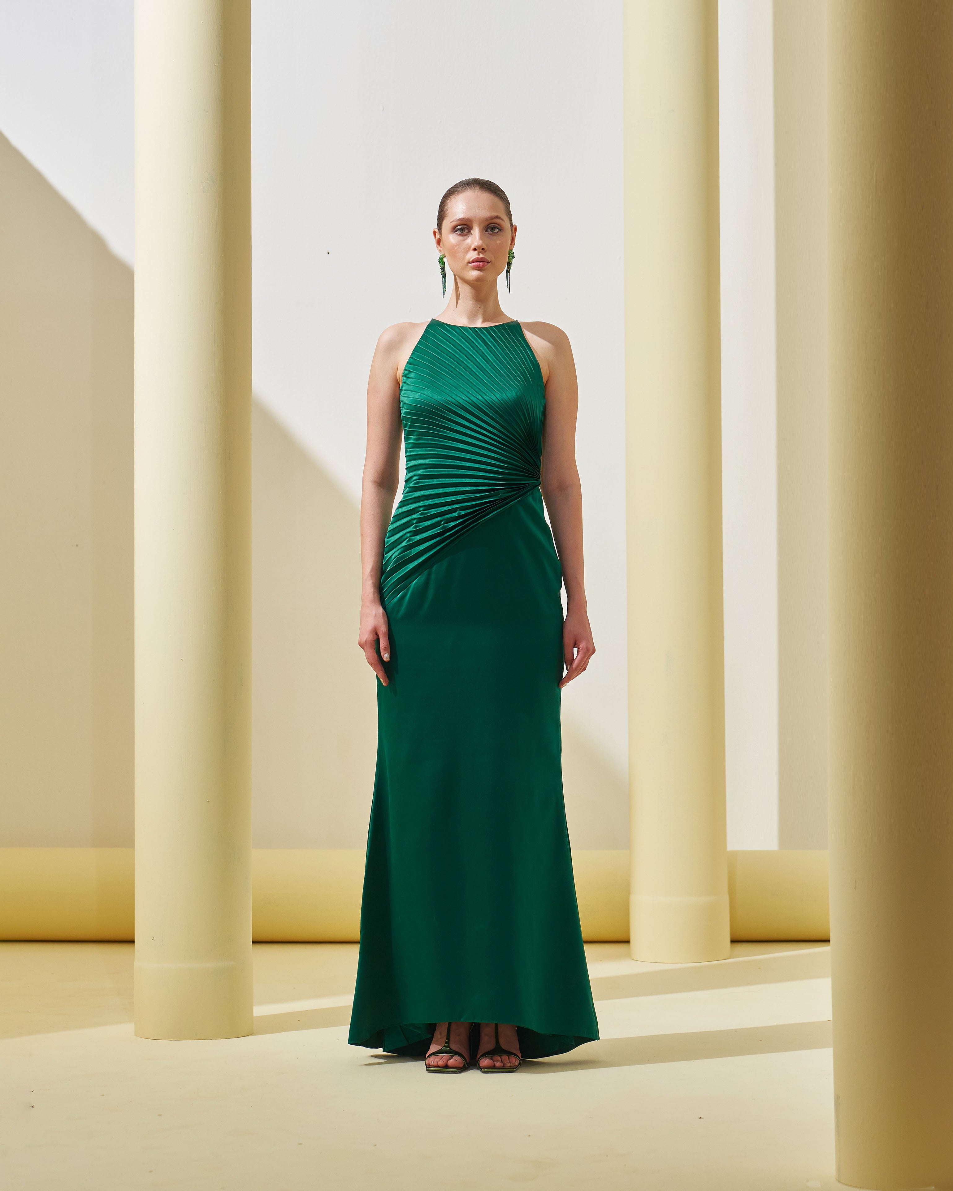 GREEN PLEATED DRAPE GOWN