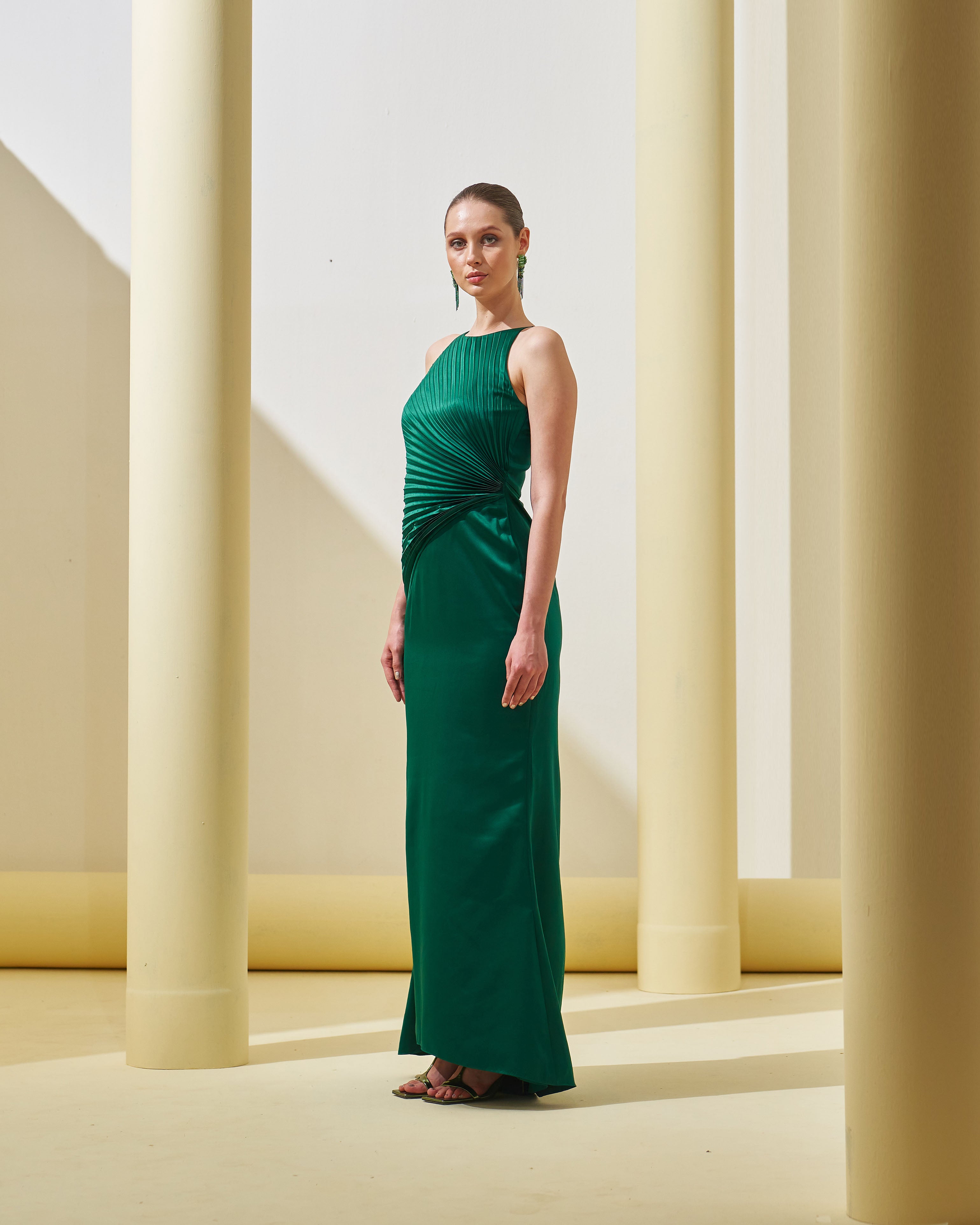 GREEN PLEATED DRAPE GOWN