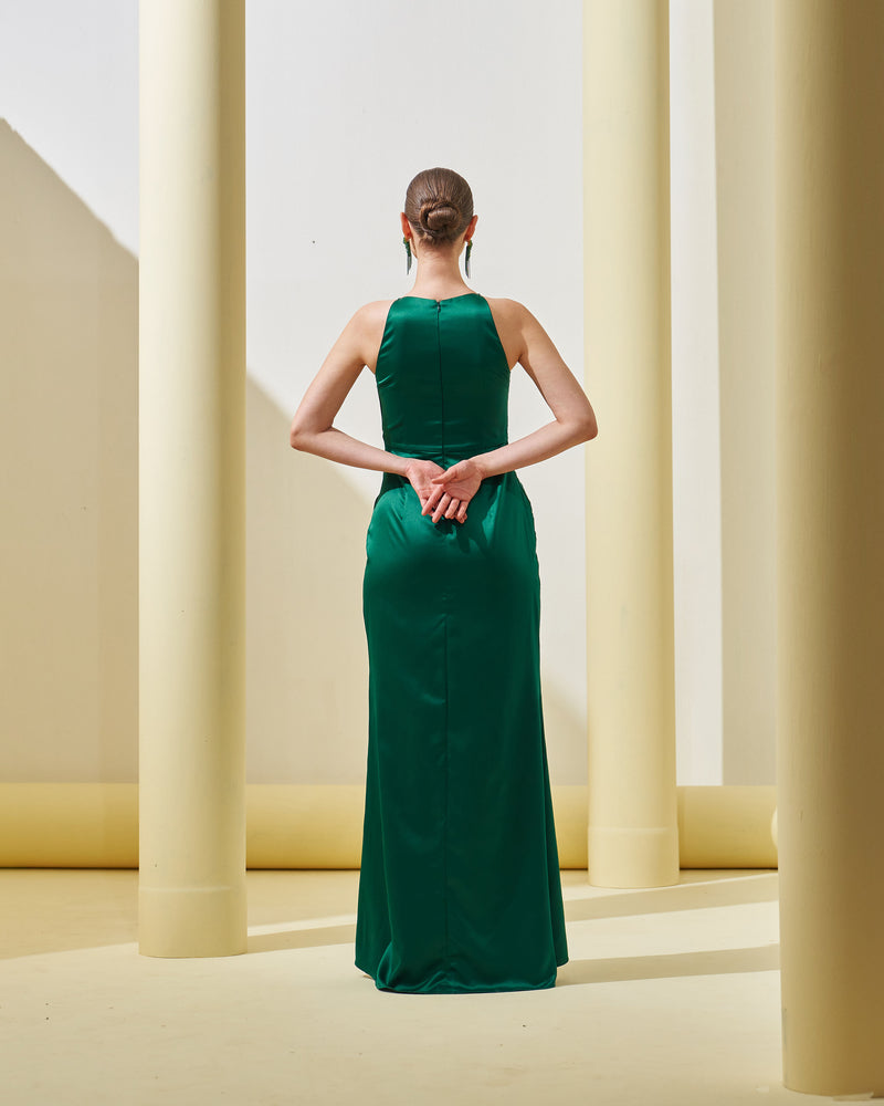 GREEN PLEATED DRAPE GOWN
