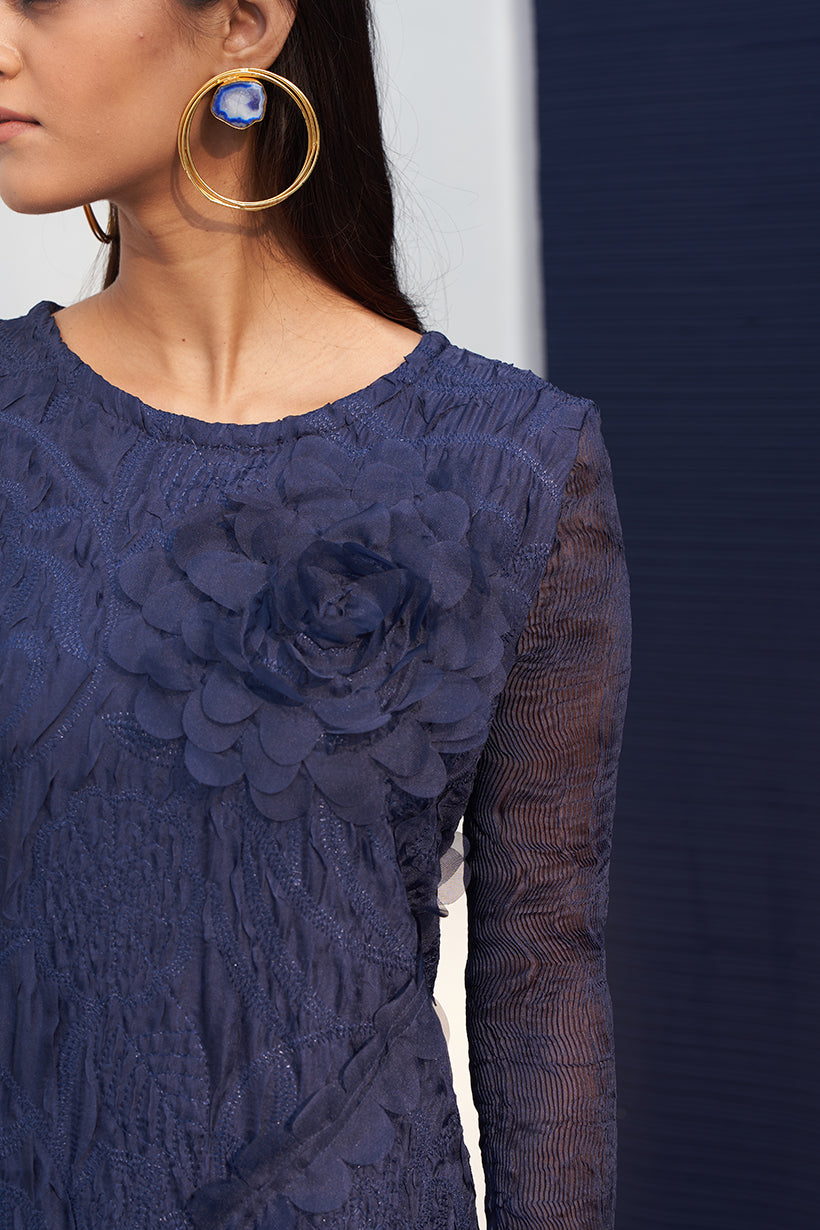 BLUE FLOWER CRUSHED LONG DRESS