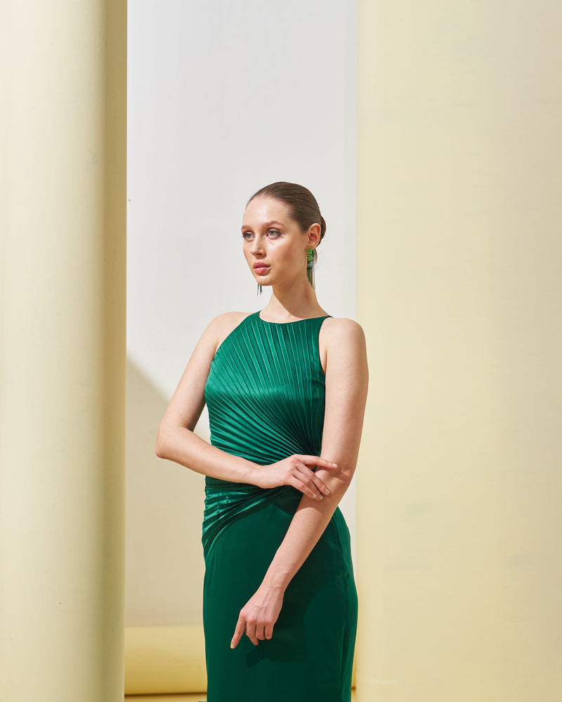 GREEN PLEATED DRAPE GOWN
