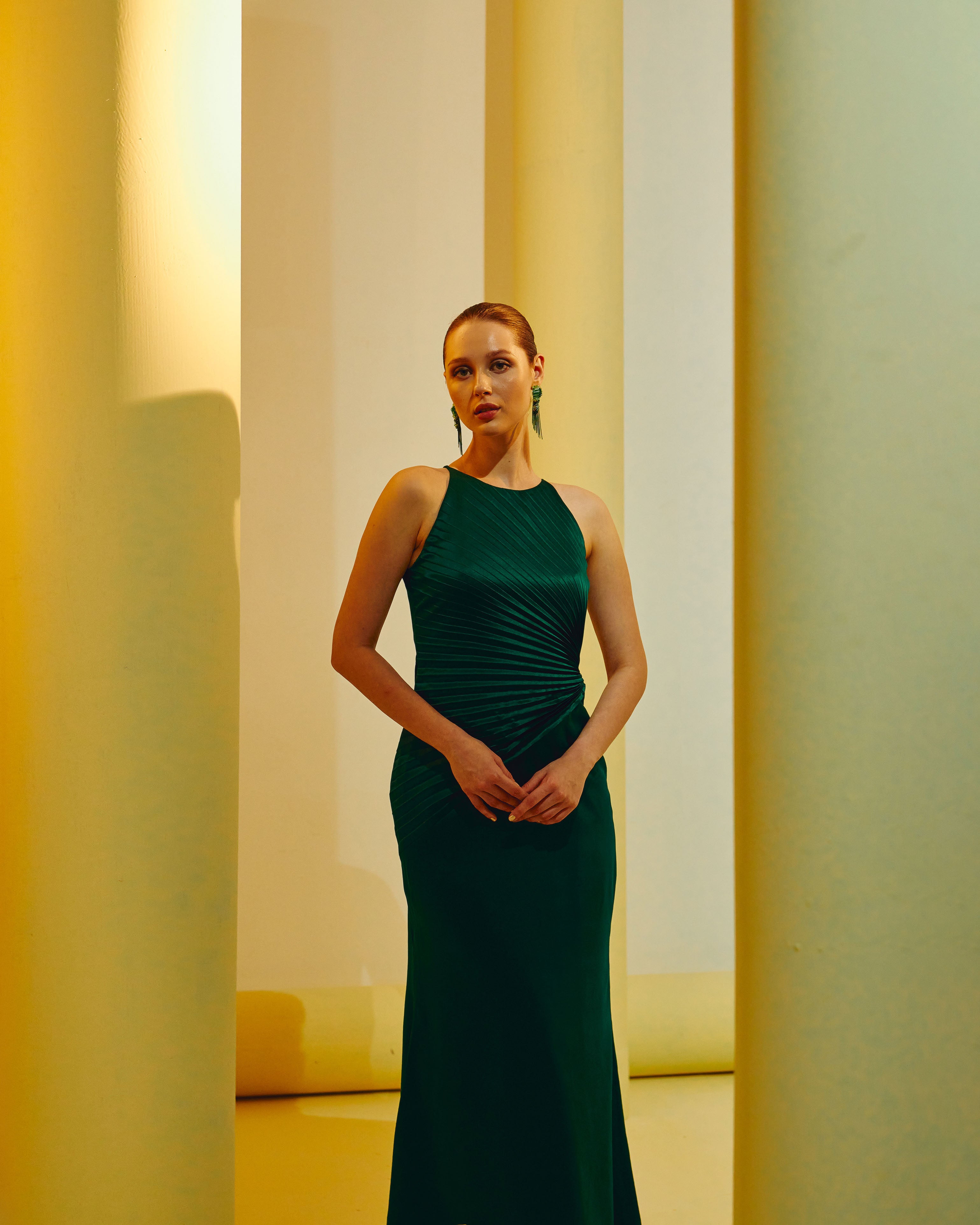GREEN PLEATED DRAPE GOWN