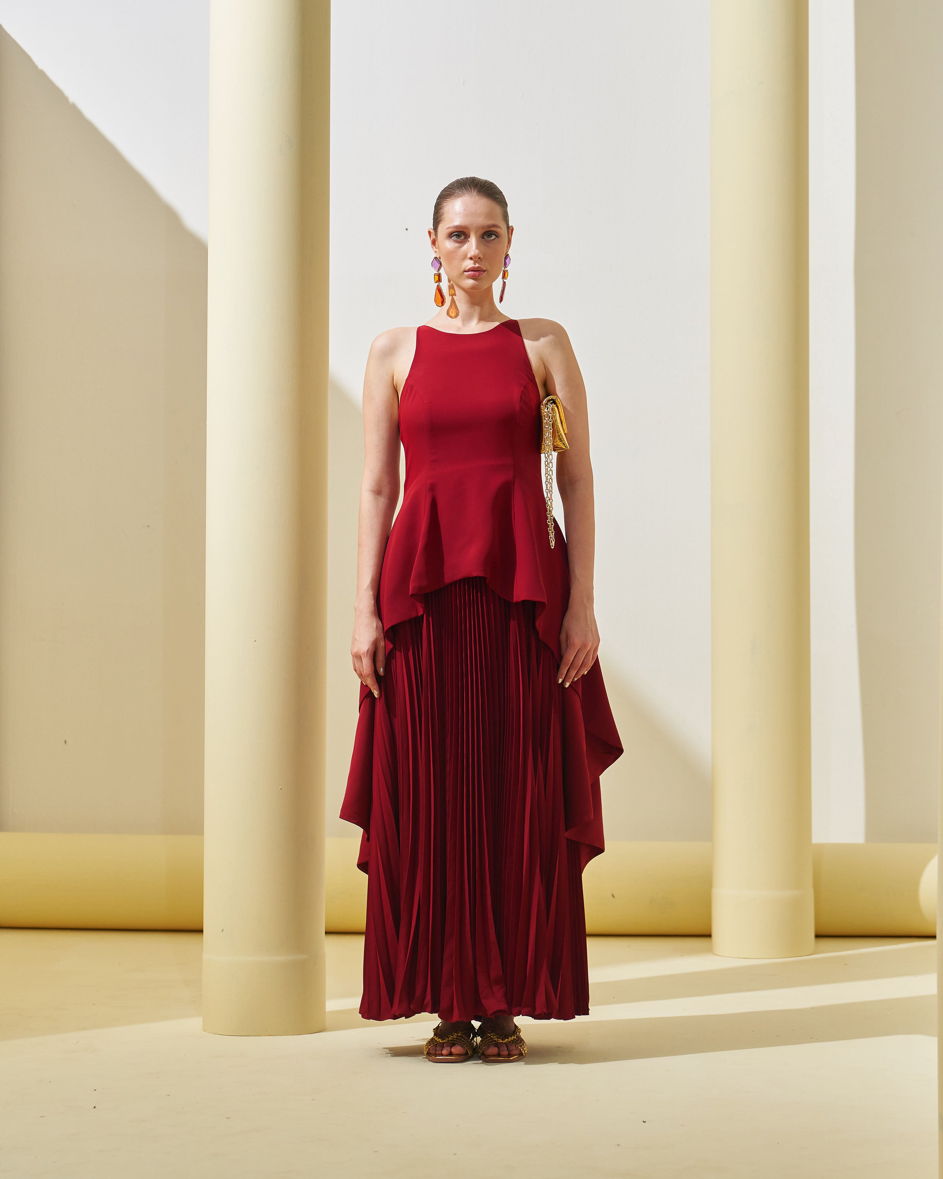 MAROON PEPLUM  PLEATED GOWN