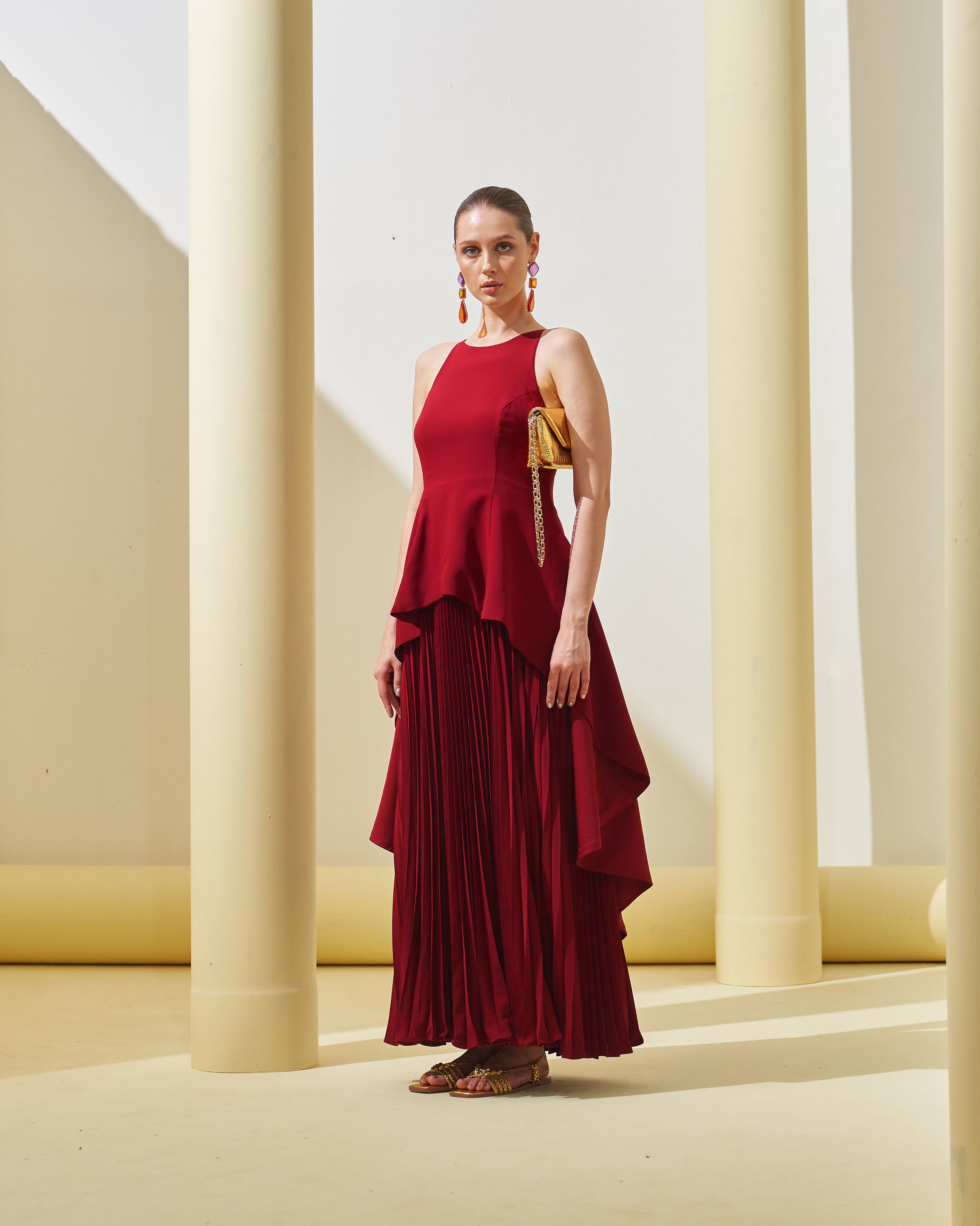 MAROON PEPLUM  PLEATED GOWN