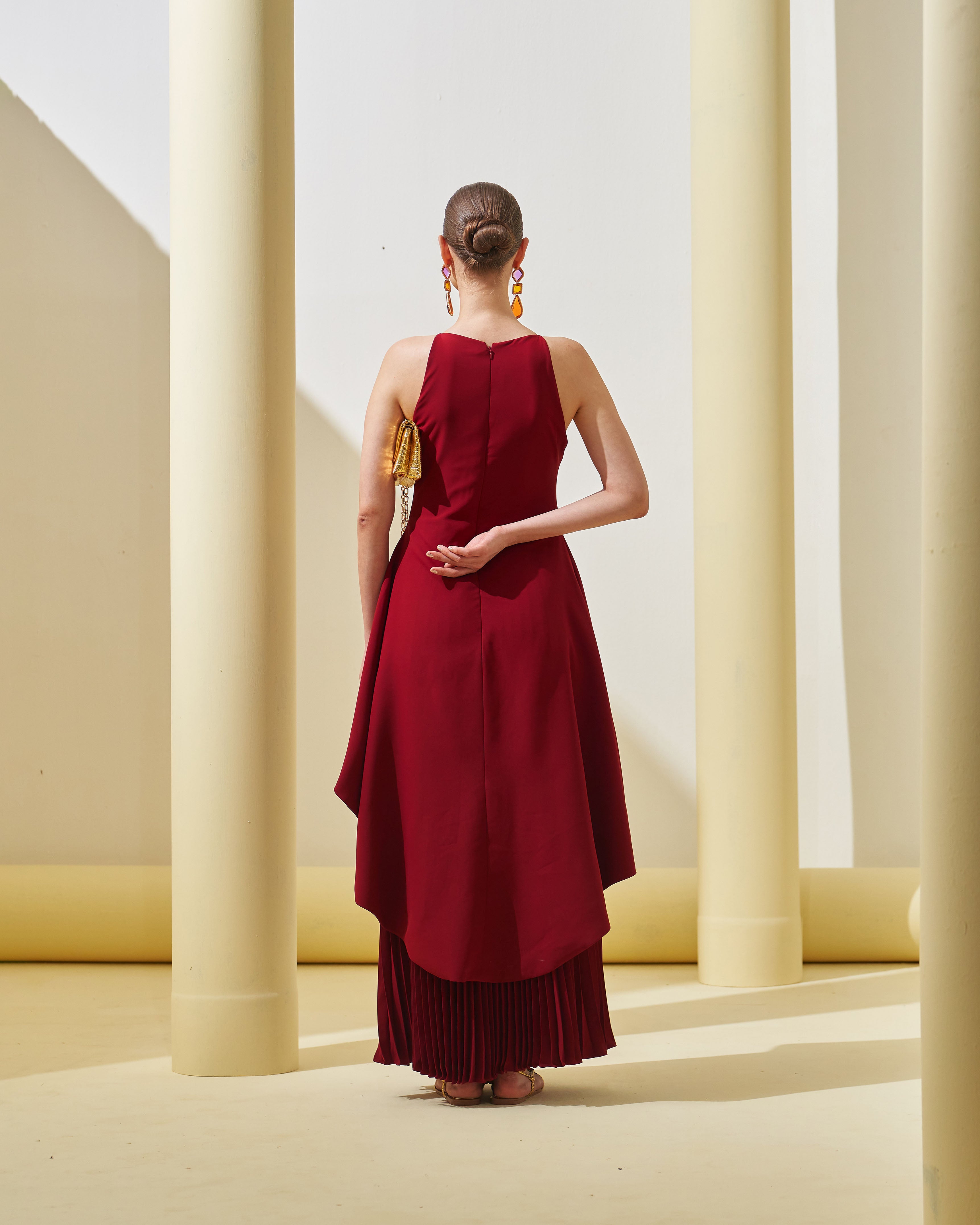 MAROON PEPLUM  PLEATED GOWN