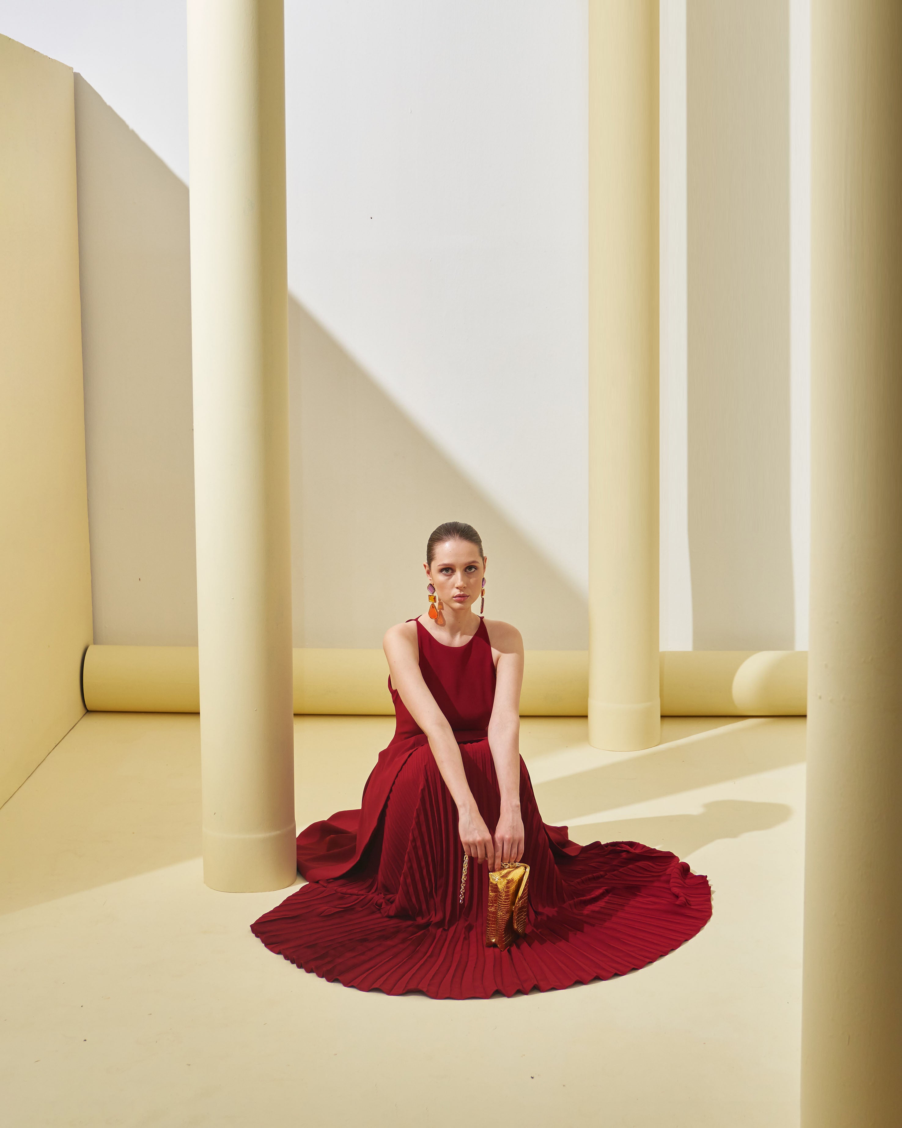 MAROON PEPLUM  PLEATED GOWN