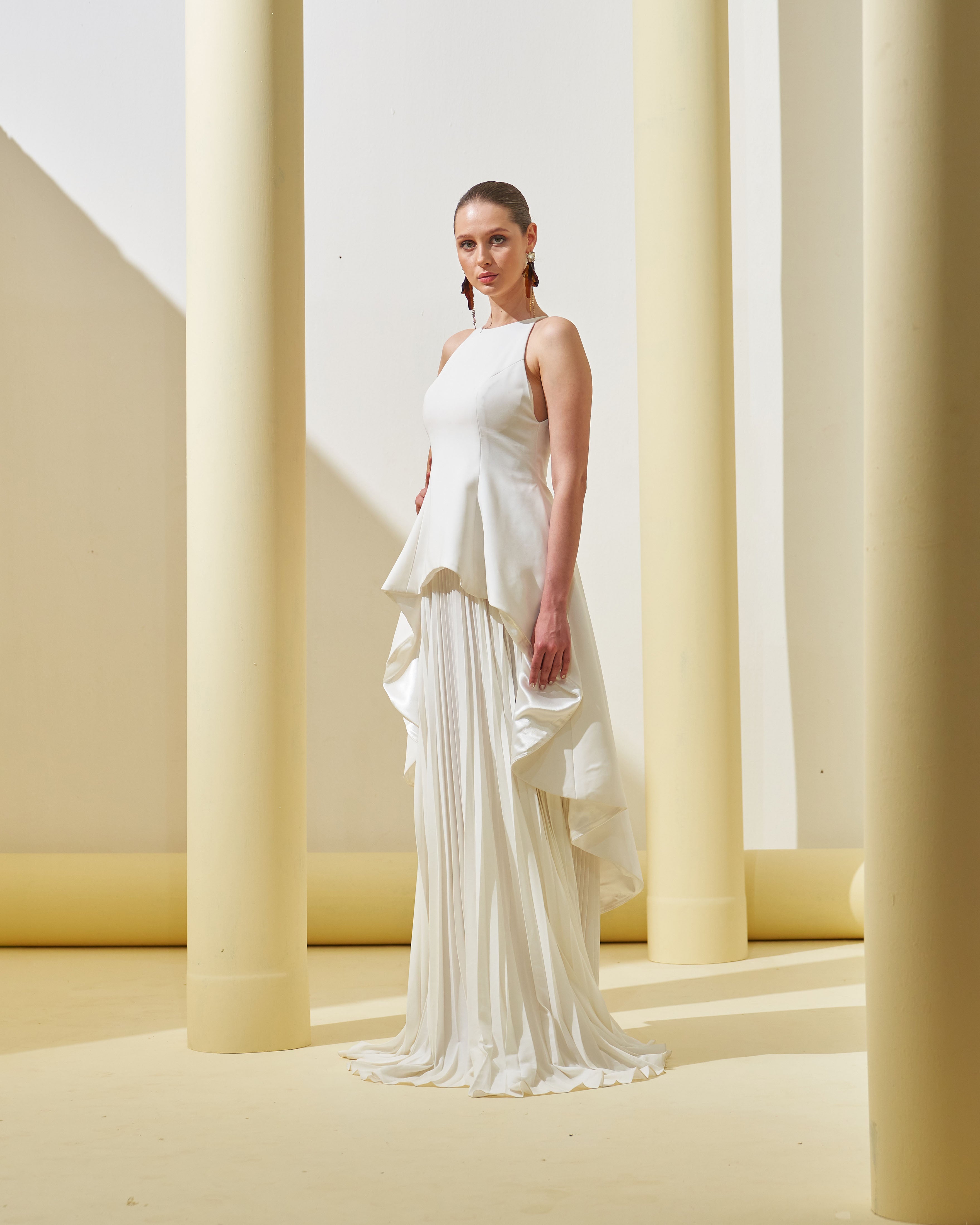 WHITE PEPLUM  PLEATED GOWN