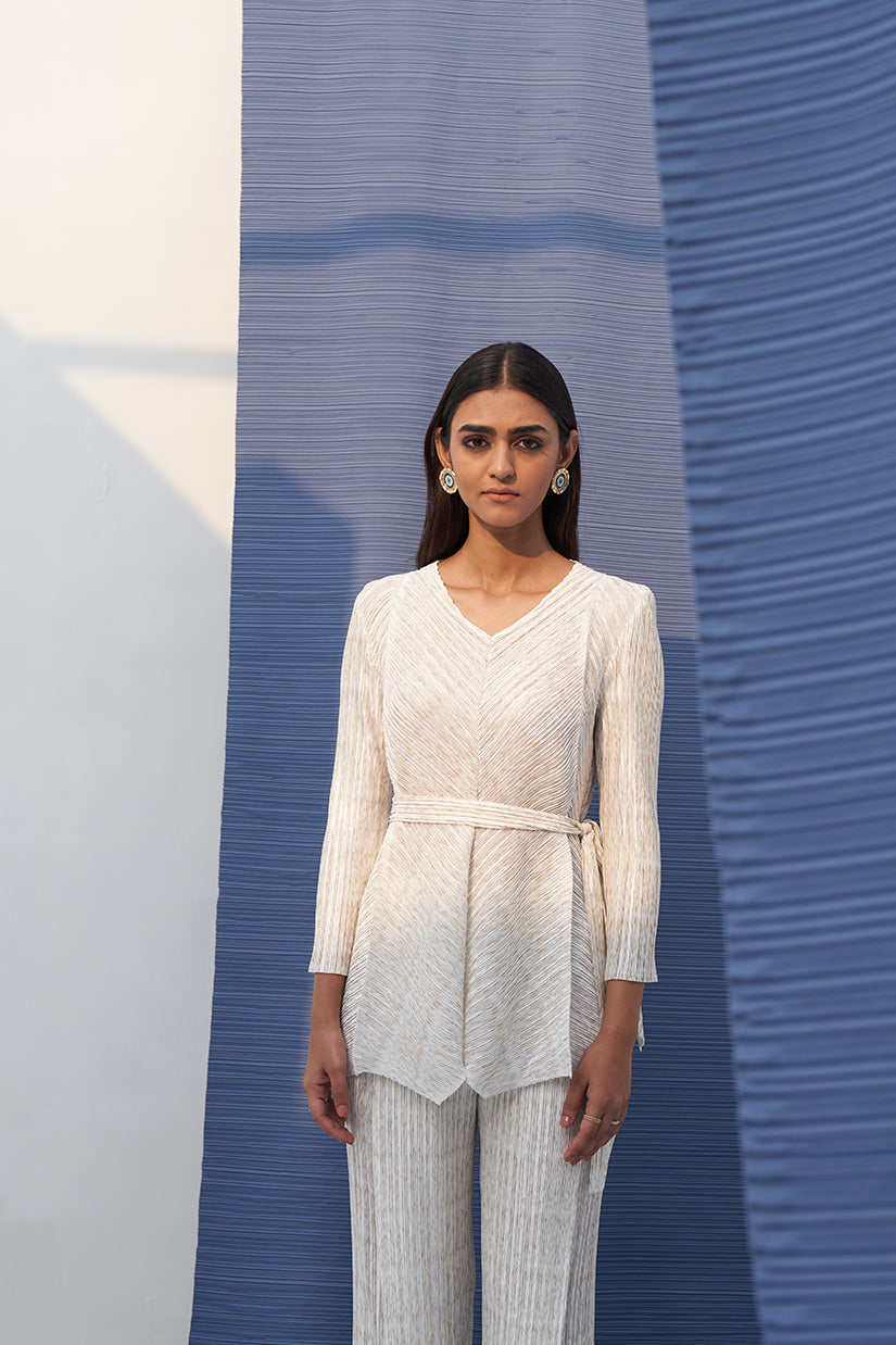 WHITE METALLIC V NECK COORD SET