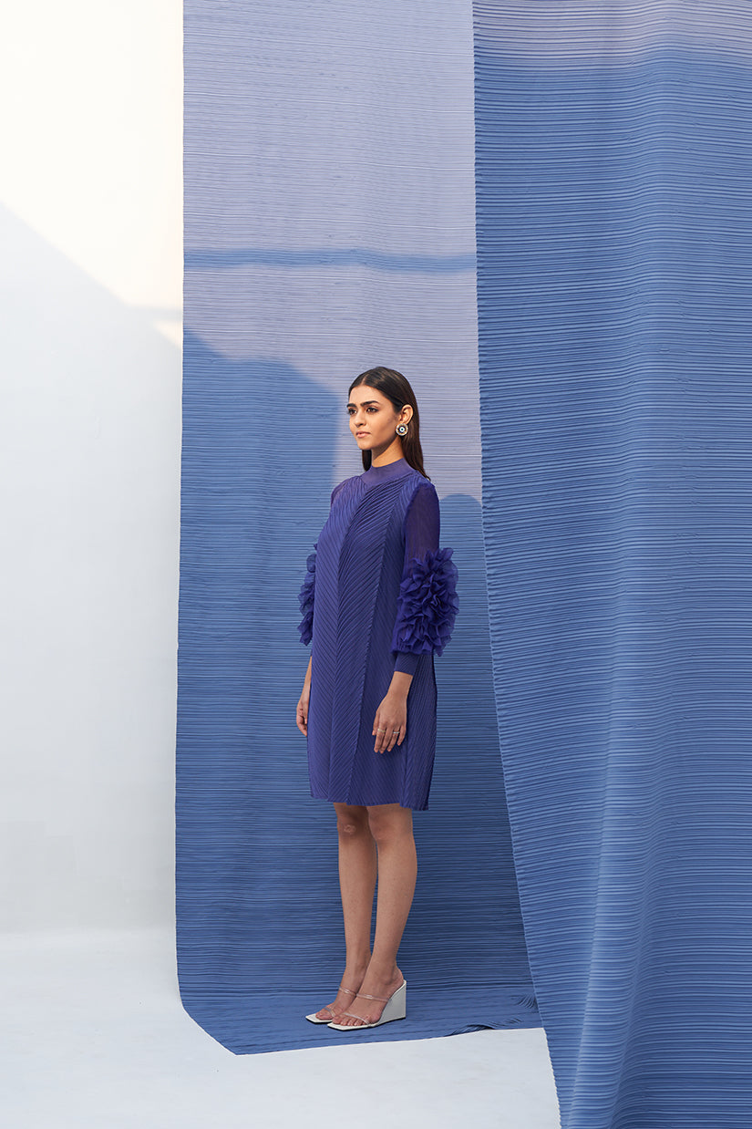 BLUE FLOWER SLEEVES PLEAT DRESS